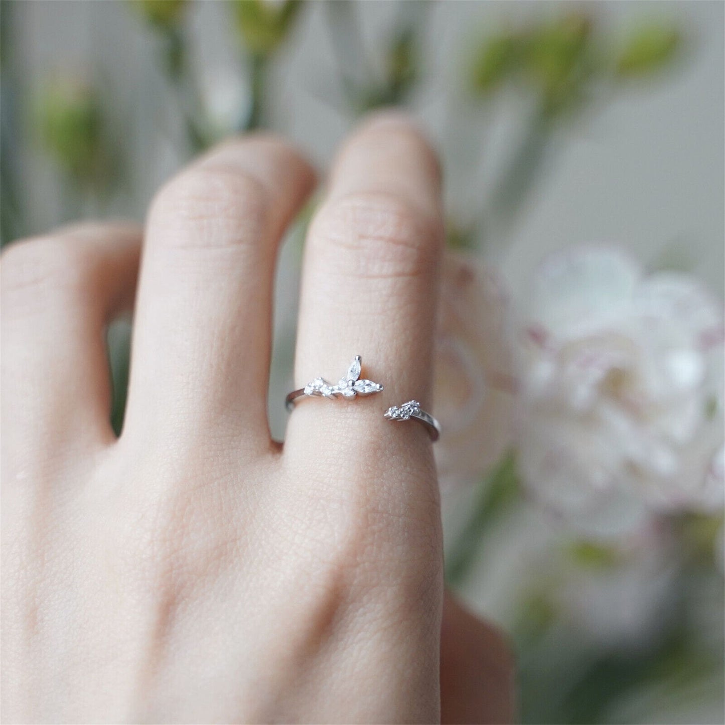 Rhodium on Sterling Silver Sparkling Crystal CZ Butterfly Open End Ring - sugarkittenlondon