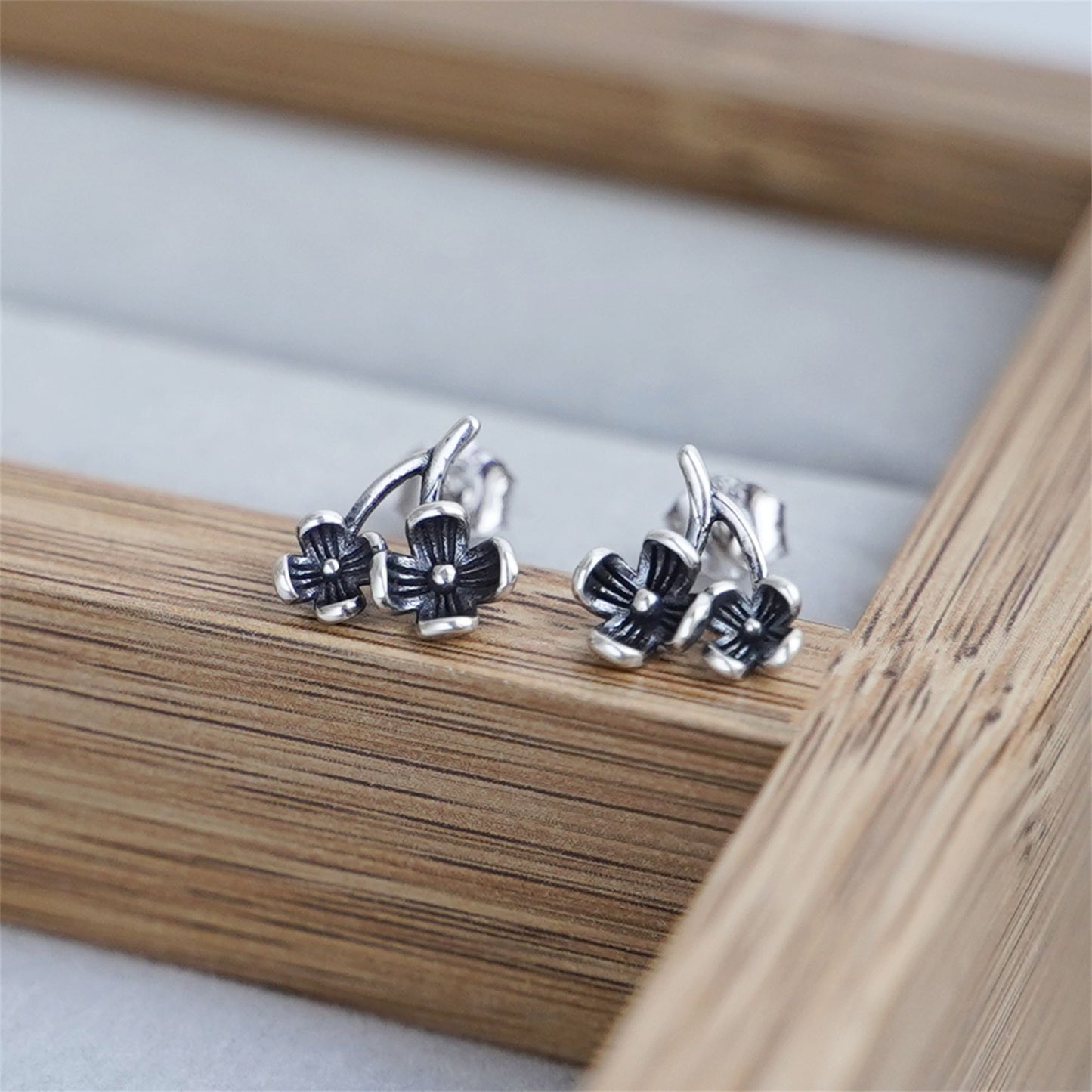 Sterling Silver Oxidized Retro Flower Branch Blossom Pair Drop Stud Earrings - sugarkittenlondon