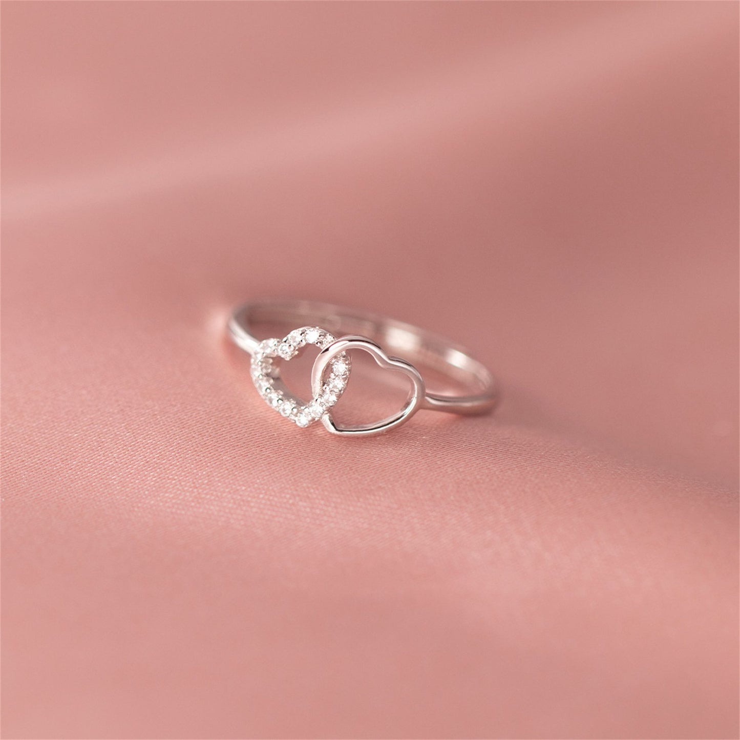Rhodium Love Ring with Sterling Silver Linked Hearts and Crystal CZ Paving