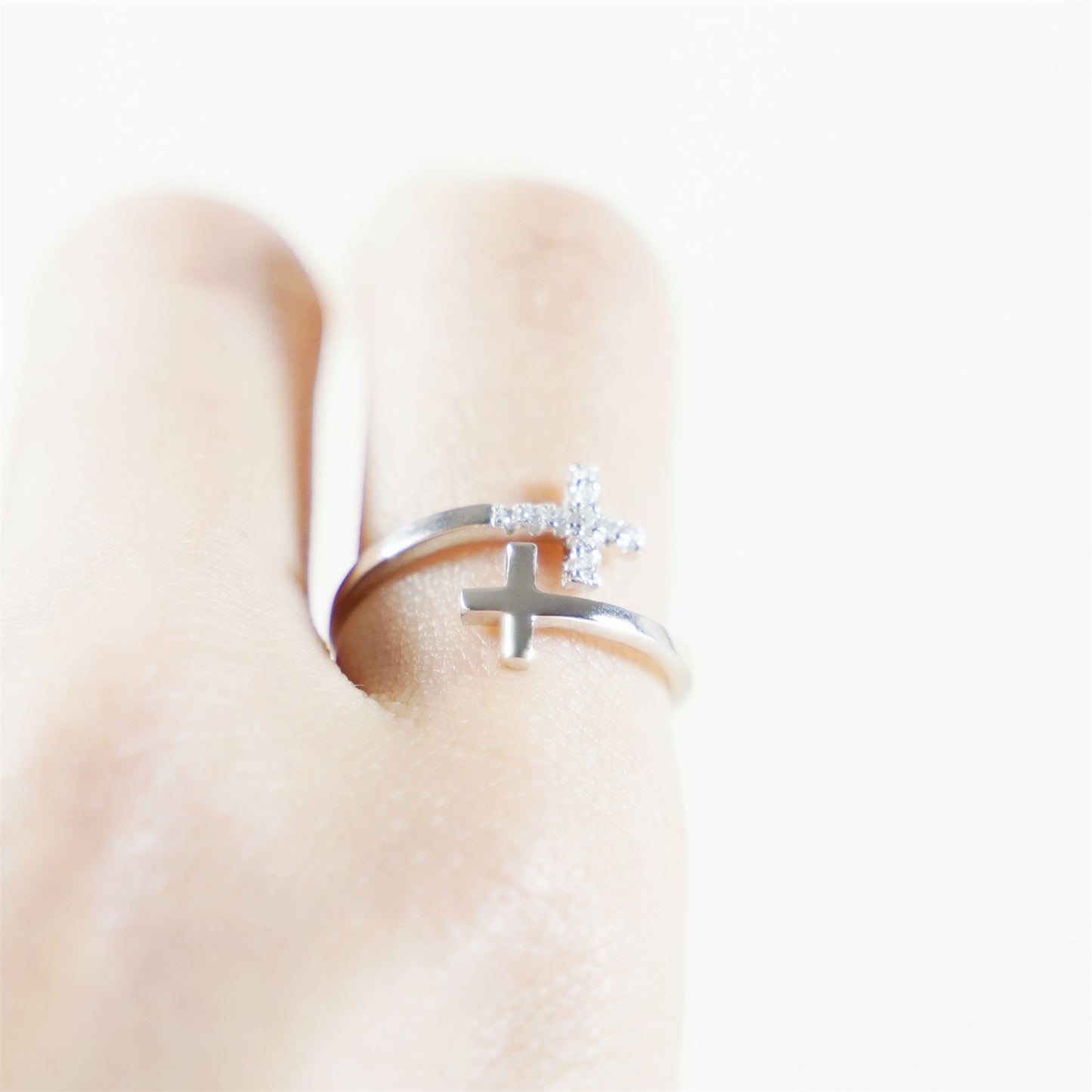 Rhodium on Sterling Silver Double Cross Paved CZ Wrap Open Band Ring - sugarkittenlondon