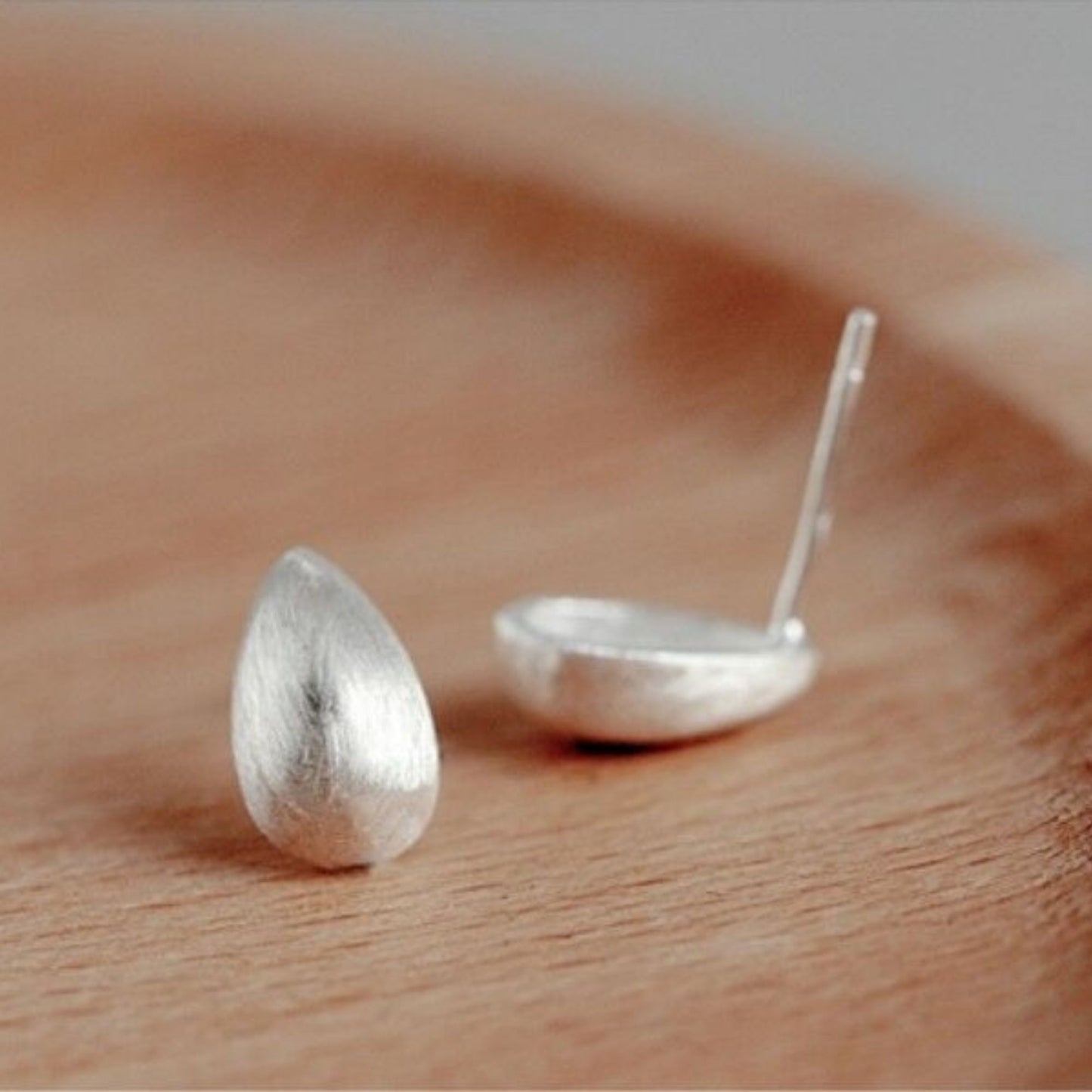 Sterling Silver Small Dome Brushed Waterdrop Pear Teardrop Stud Earrings - sugarkittenlondon