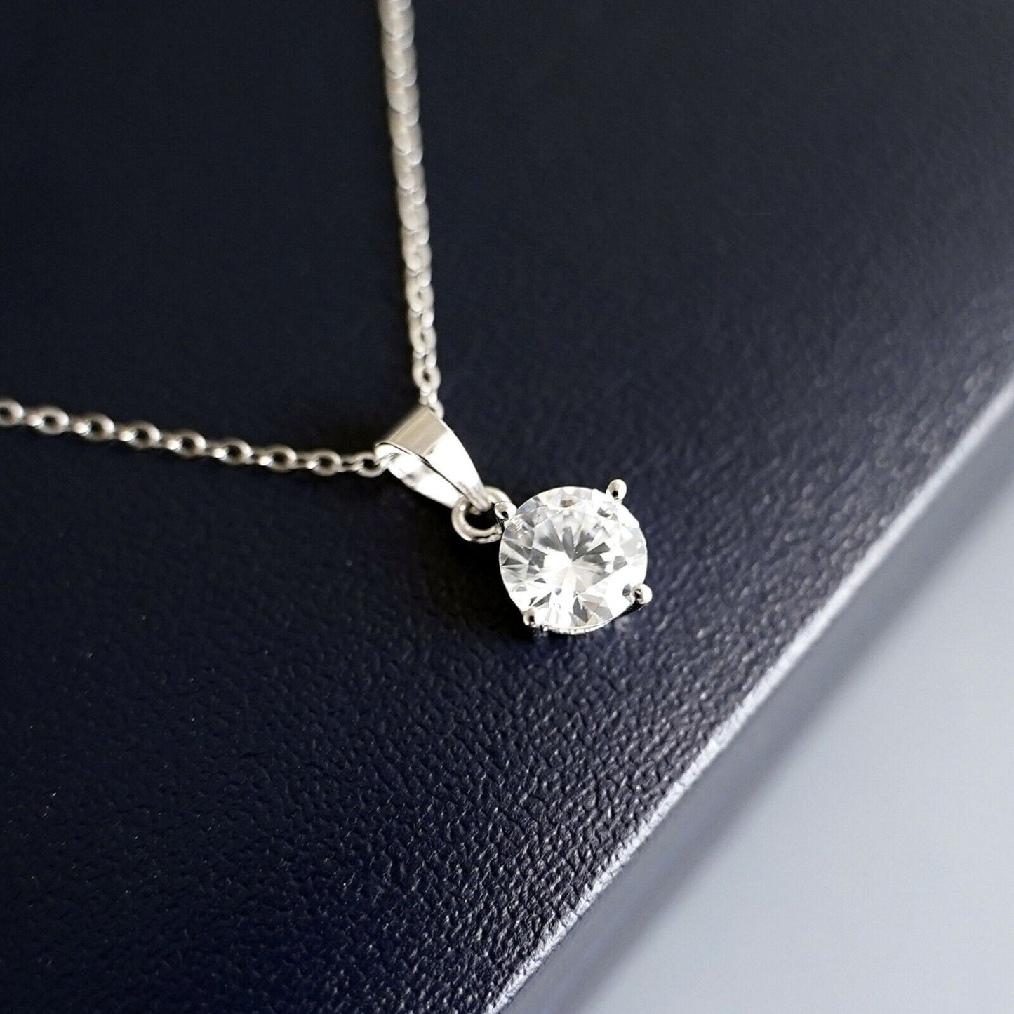 Sterling Silver Diamante 4 Claw Solitaire Clear 7mm CZ Pendant Belcher Necklace - sugarkittenlondon