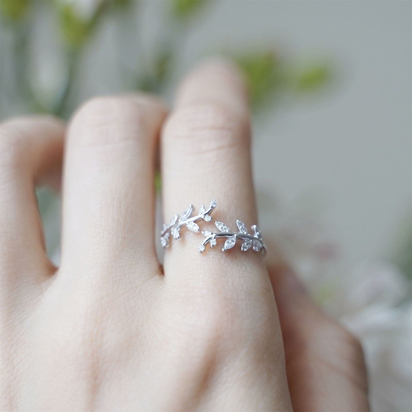 Rhodium on Sterling Silver Sparkling Crystal CZ Leaf Feather Bridal Wrap Ring - sugarkittenlondon