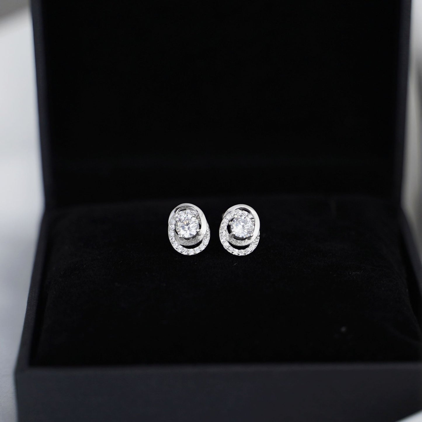 Stunning Rhodium-Plated Sterling Silver Halo Stud Earrings with 5mm CZ Ovals