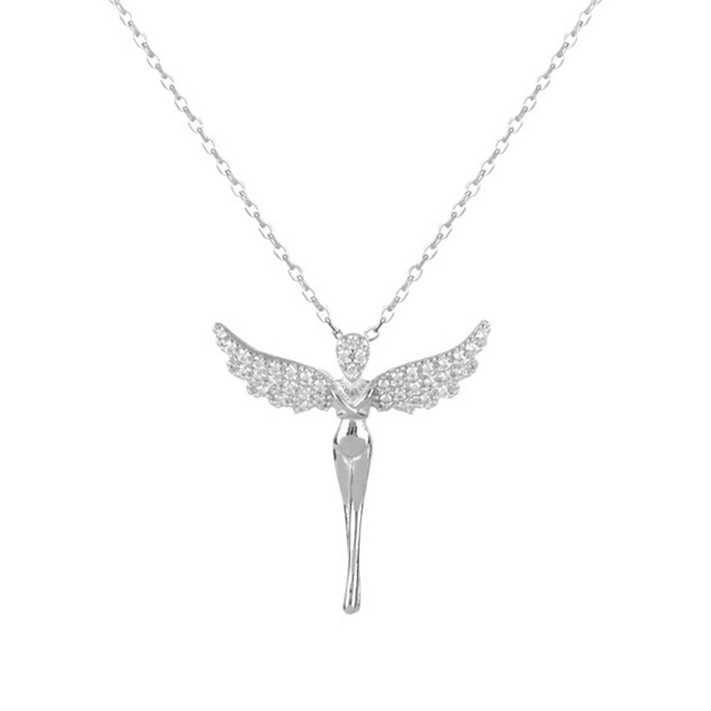 Sterling Silver Angel Paved CZ Wing Feather Cross Pendant Necklace - sugarkittenlondon
