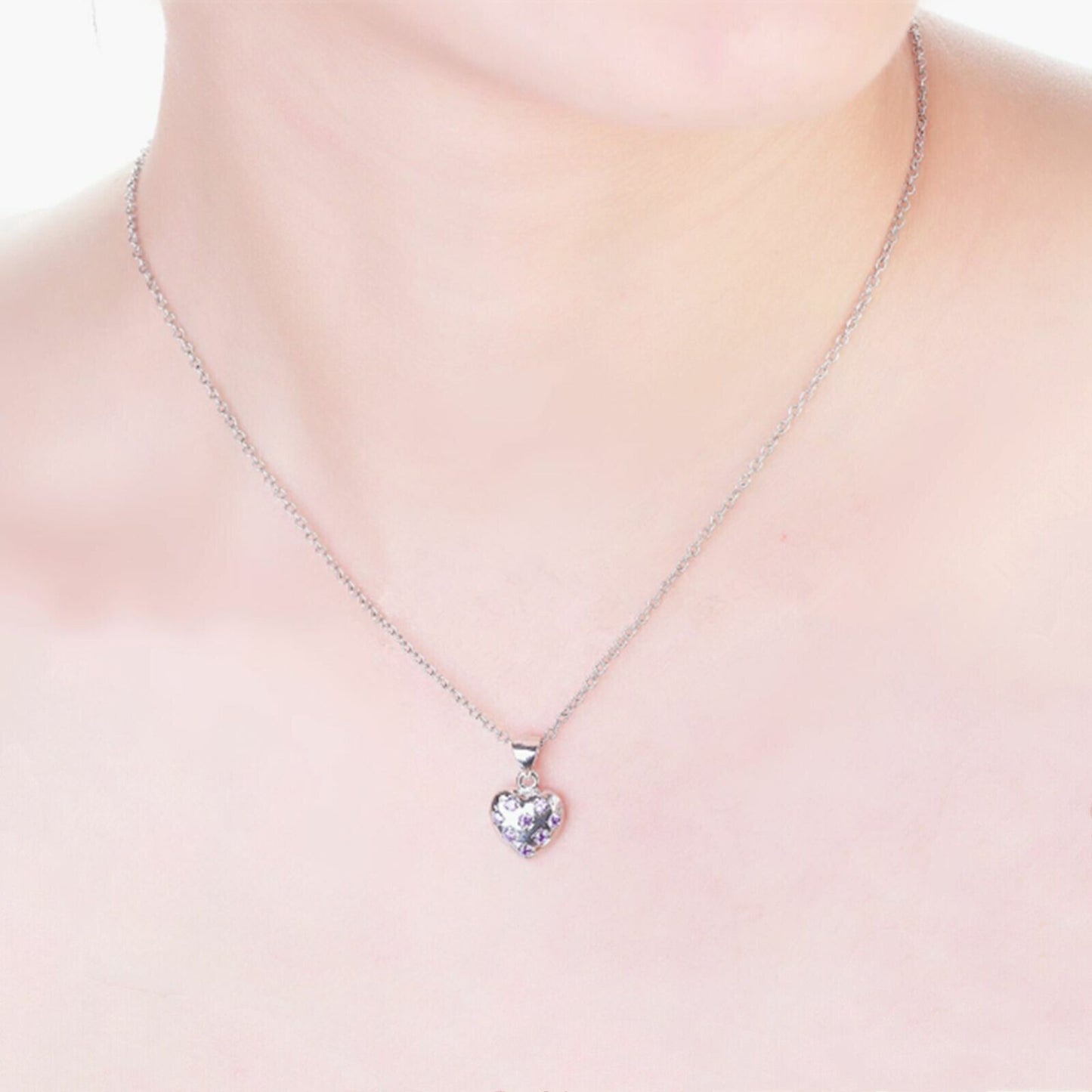 Sterling Silver Puffy Love Heart Crystal CZ Pendant Necklace Jewellery Boxed - sugarkittenlondon