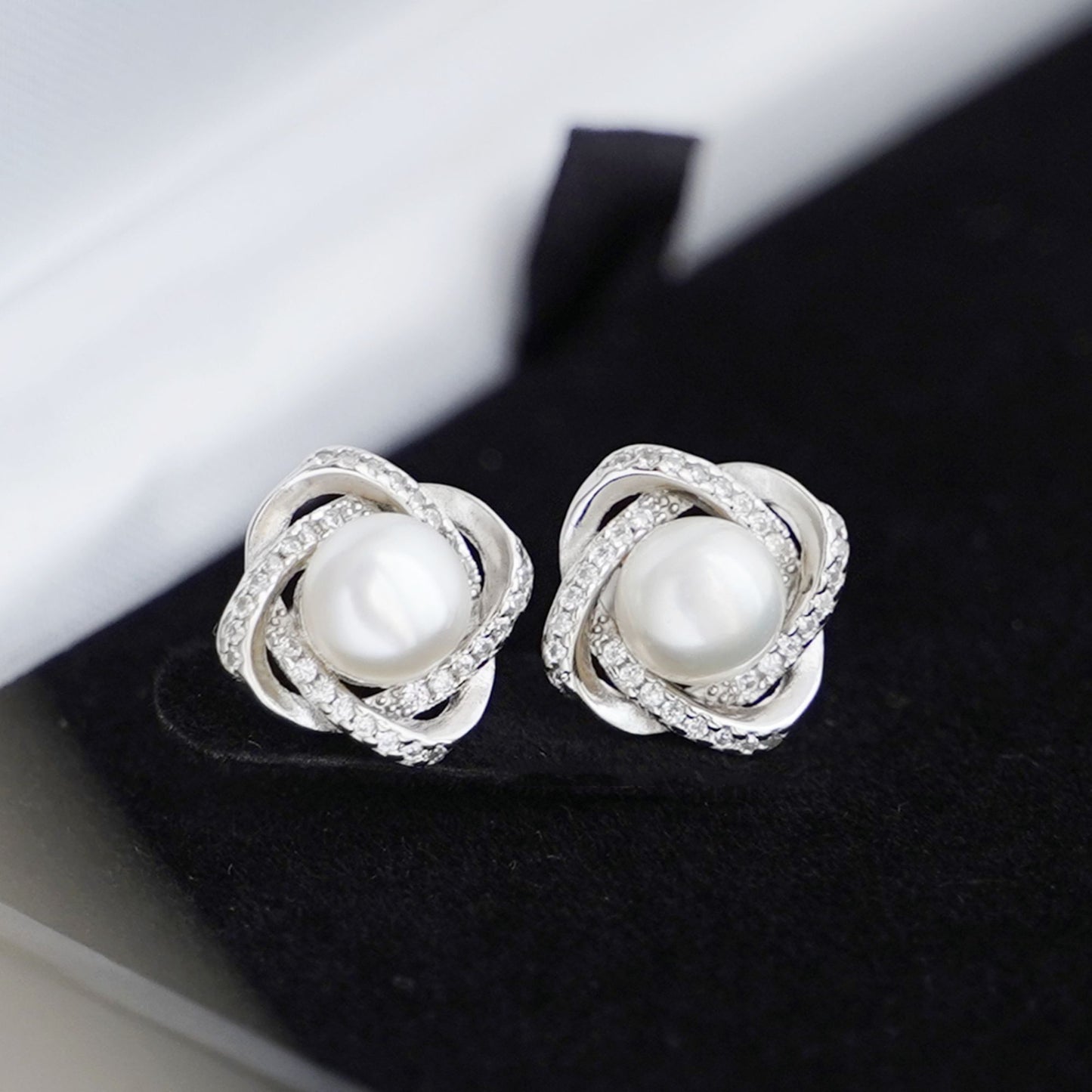Sterling Silver Freshwater Pearl Stud Earrings with CZ Knots - 7mm White Button Pearls - sugarkittenlondon