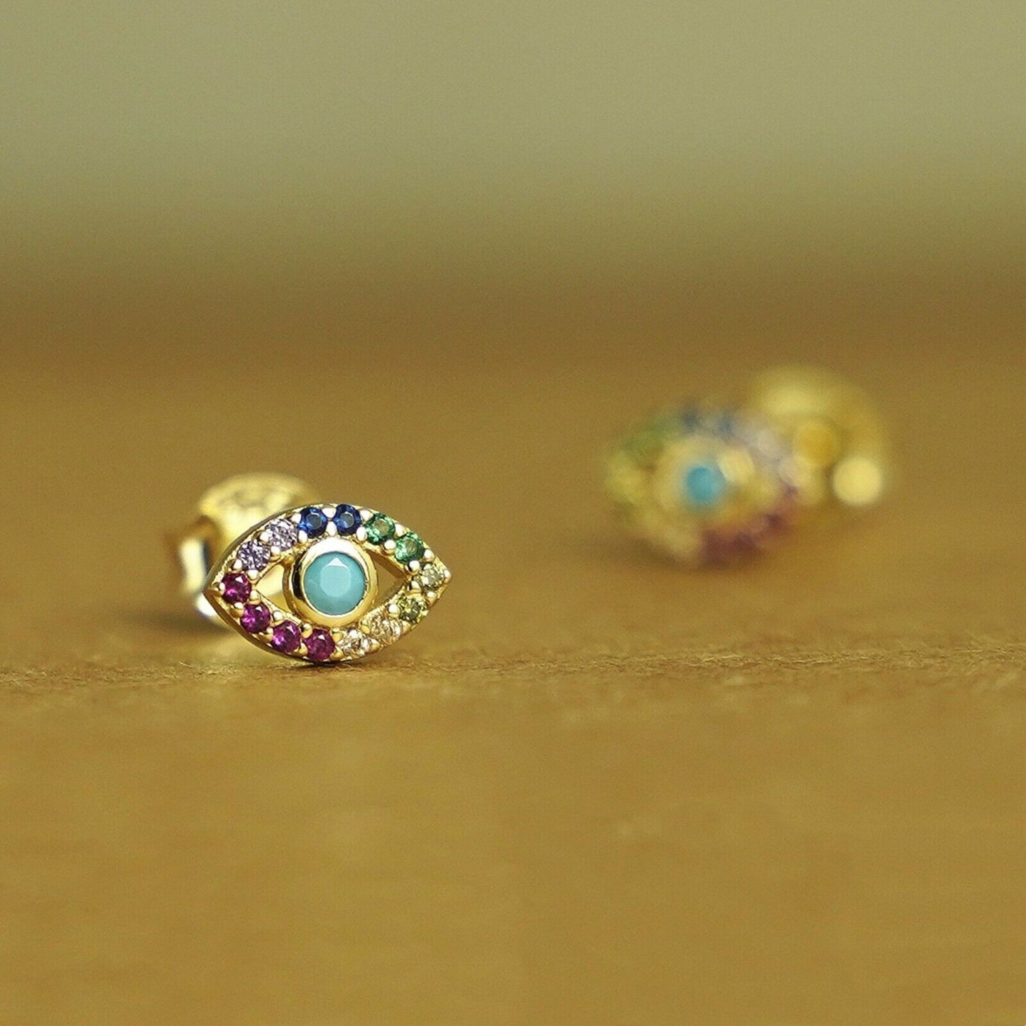 Sterling Silver Evil Eye Stud Earrings with 14K Gold Plating, Rainbow CZ and Turquoise