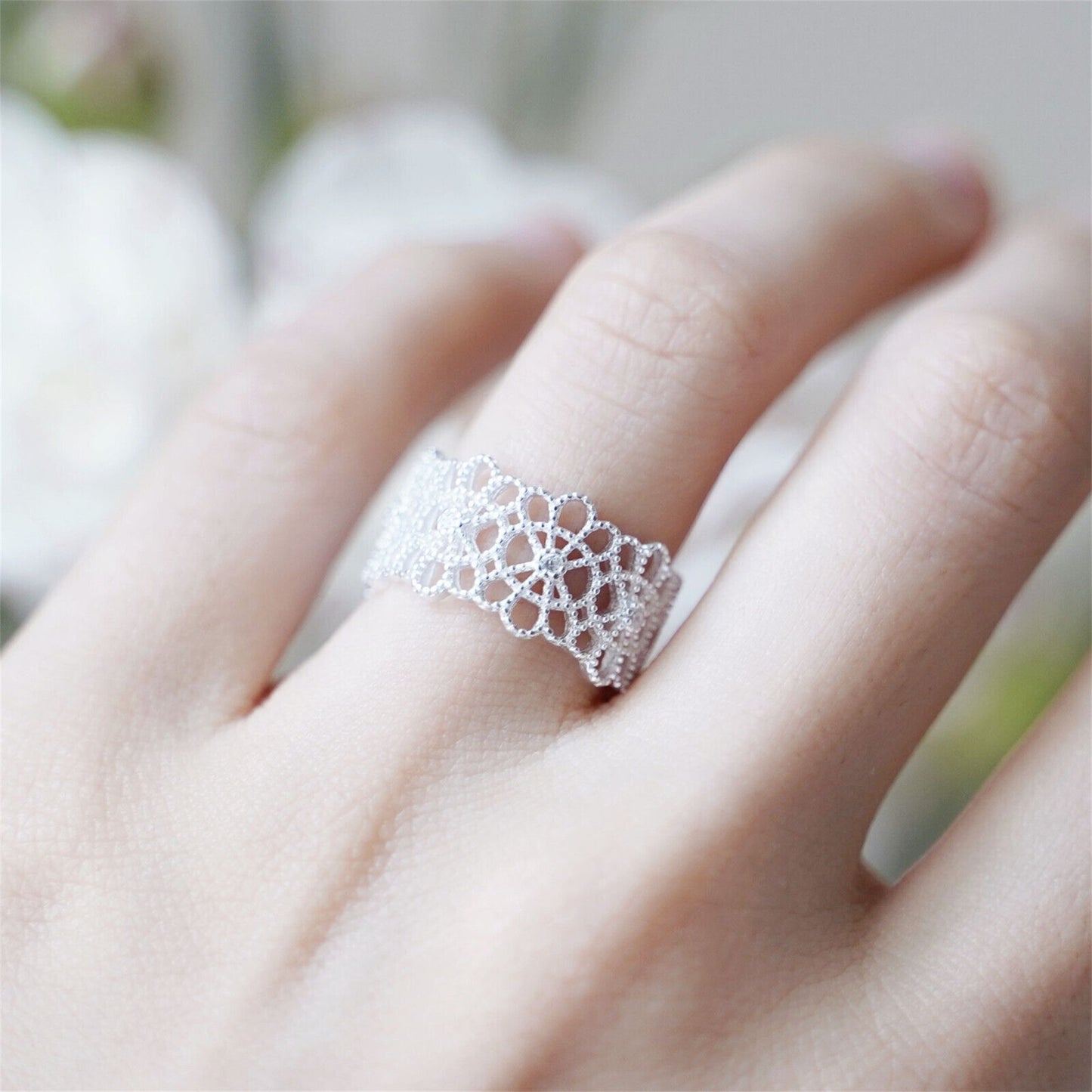 Sterling Silver CZ Filigree Lace Floral Wide Open Band Ring - sugarkittenlondon