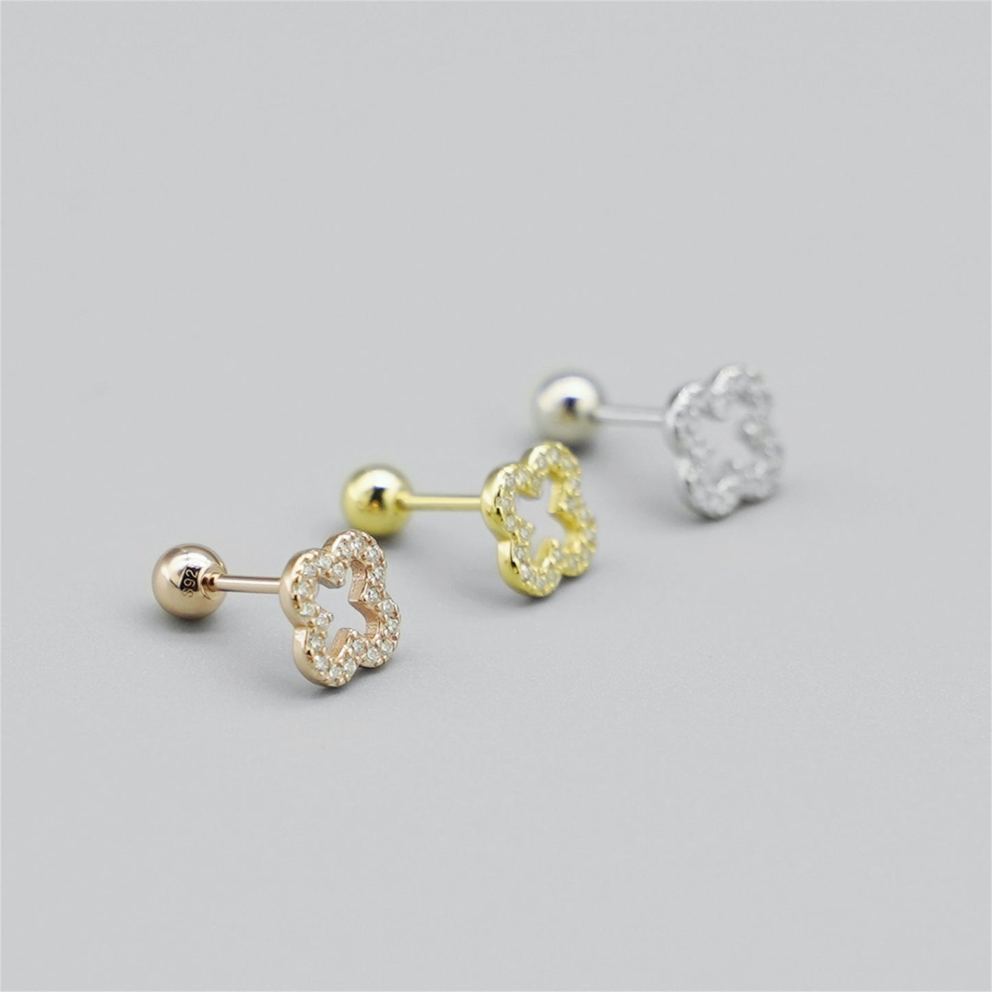 925 Sterling Silver 4 Leaf Clover Pave CZ Bead Ball Screw Back Stud Earrings