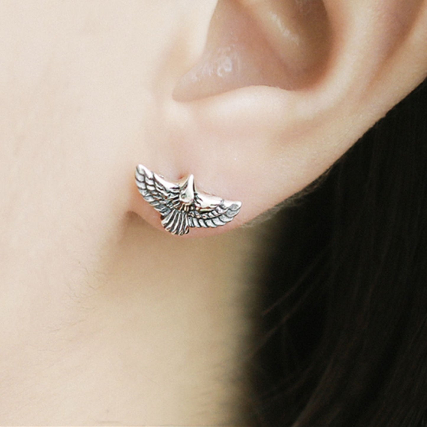 Sterling Silver Oxidized Flying Eagle Wing Feather Bird Stud Earrings Boxed - sugarkittenlondon
