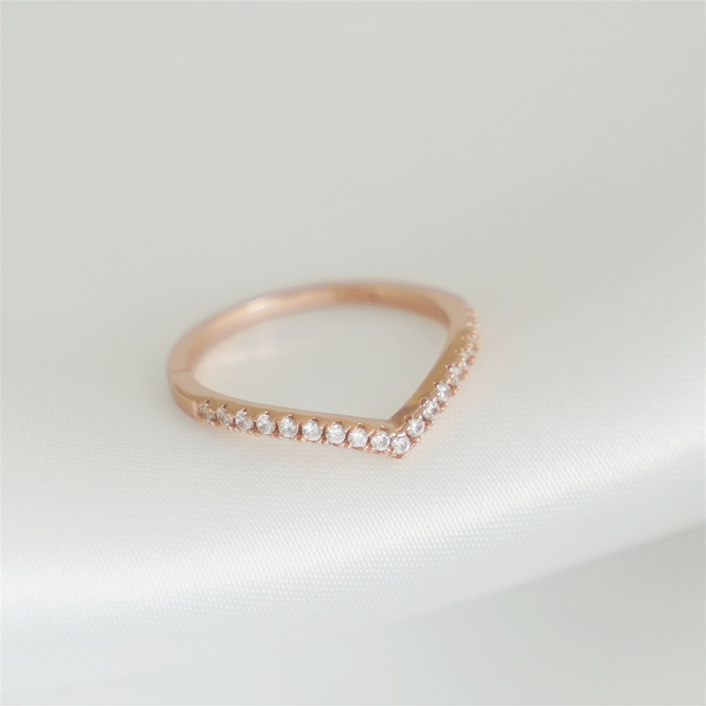 Rose Gold on Sterling Silver Wishbone Chevron Half Eternity 1.5mm Pave CZ Ring - sugarkittenlondon