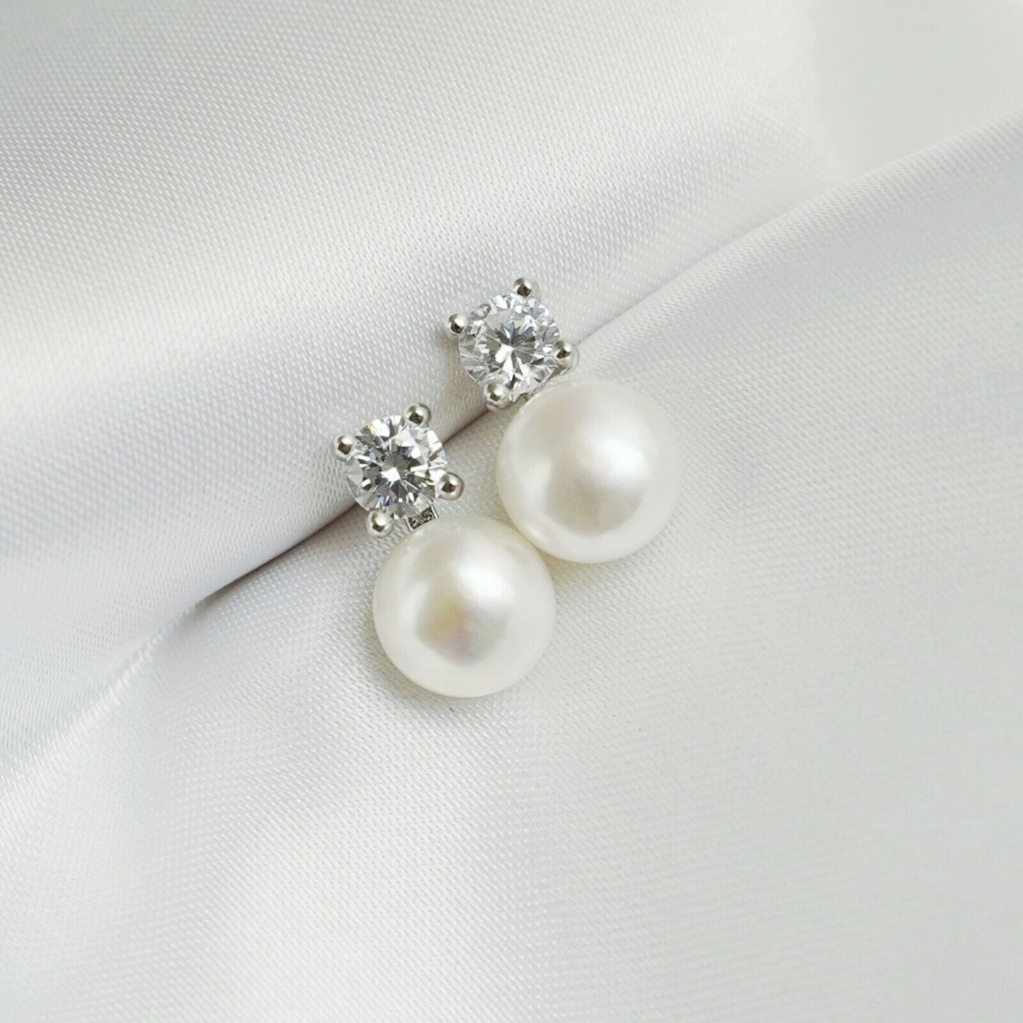 Sterling Silver 8MM Cultured White Freshwater Pearl 4mm CZ Studs Earrings - sugarkittenlondon