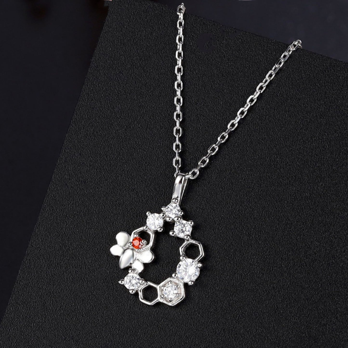 Sterling Silver Bee On Honeycomb Red White CZ Beehive Wreath Pendant Necklace - sugarkittenlondon