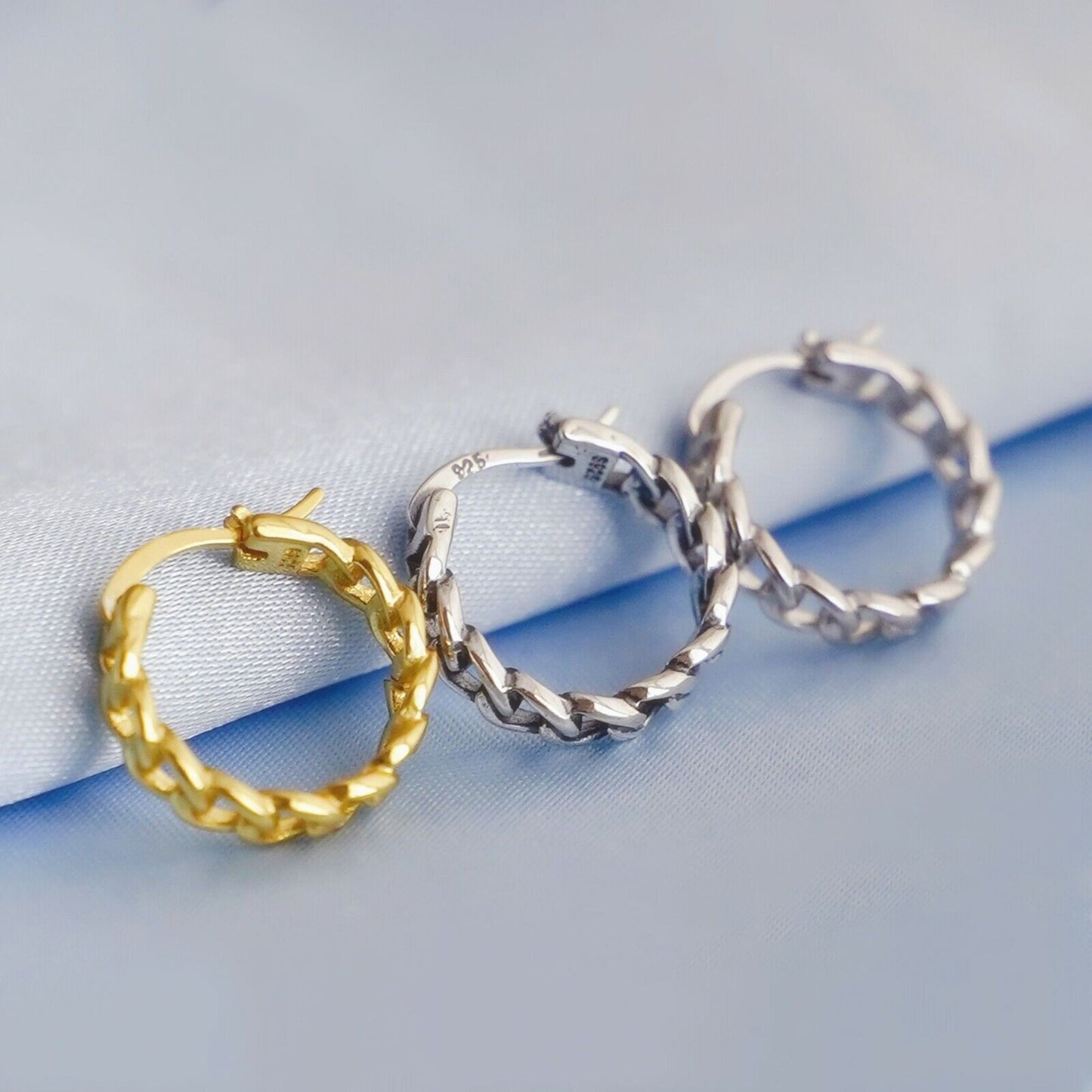 Unisex Sterling Silver Curb Chain Hoop Earrings with French Lock Closure
