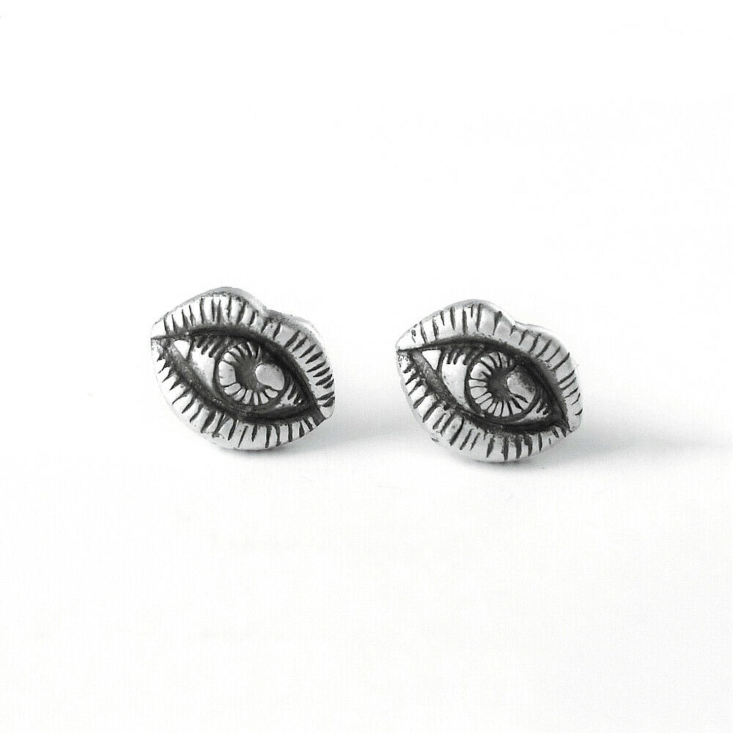 Sterling Silver Oxidized All Seeing Eye Creepy Eye Lips Stud Earrings - sugarkittenlondon