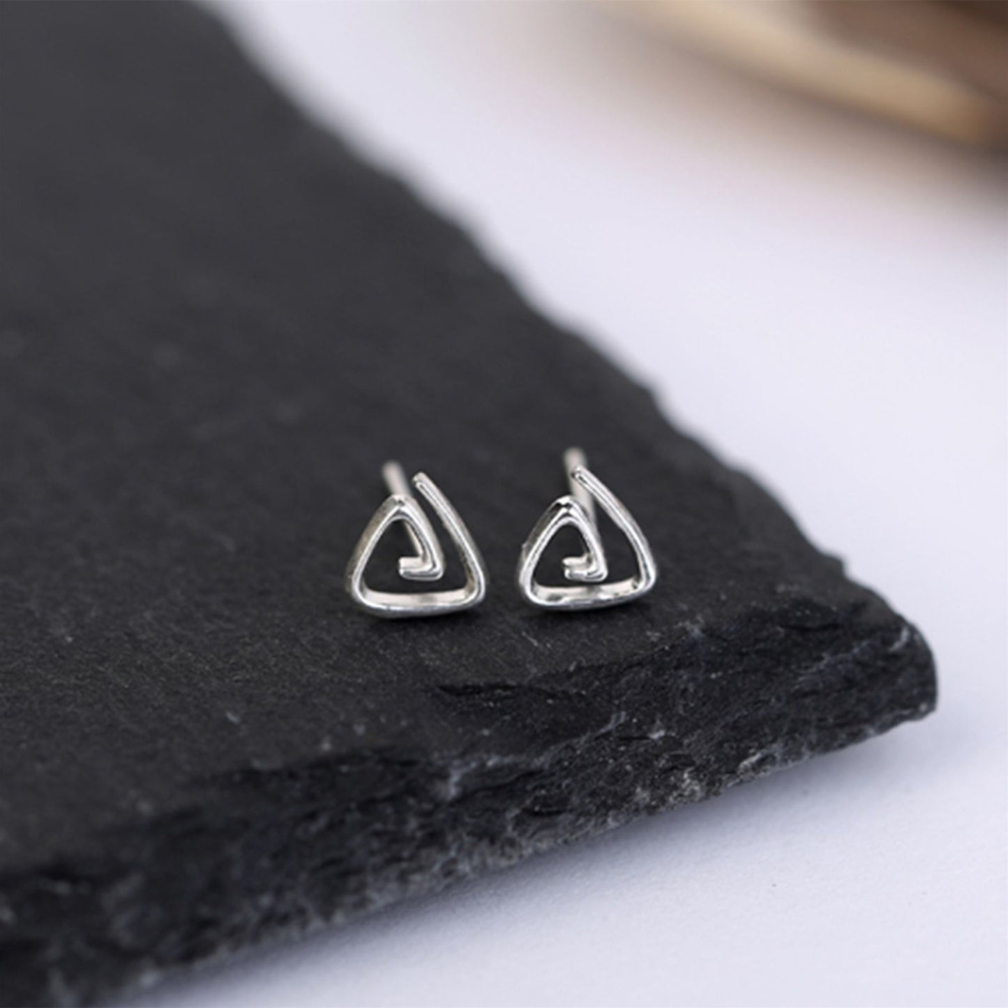 Sterling Silver Mini Greek Triangular Triangle Pyramid Spiral Stud Earrings - sugarkittenlondon