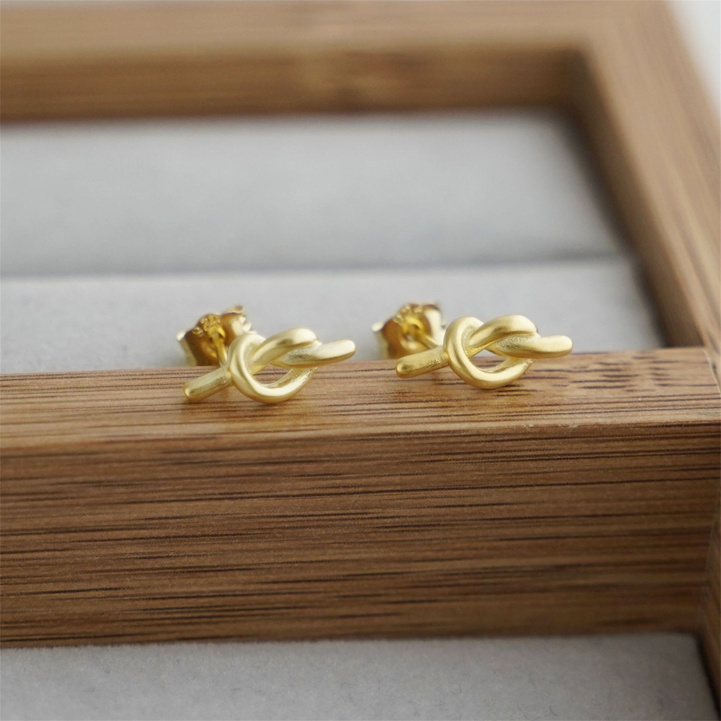 18K Gold on Sterling Silver Solid Love Heart Knot Pretzel Knot Stud Earrings - sugarkittenlondon