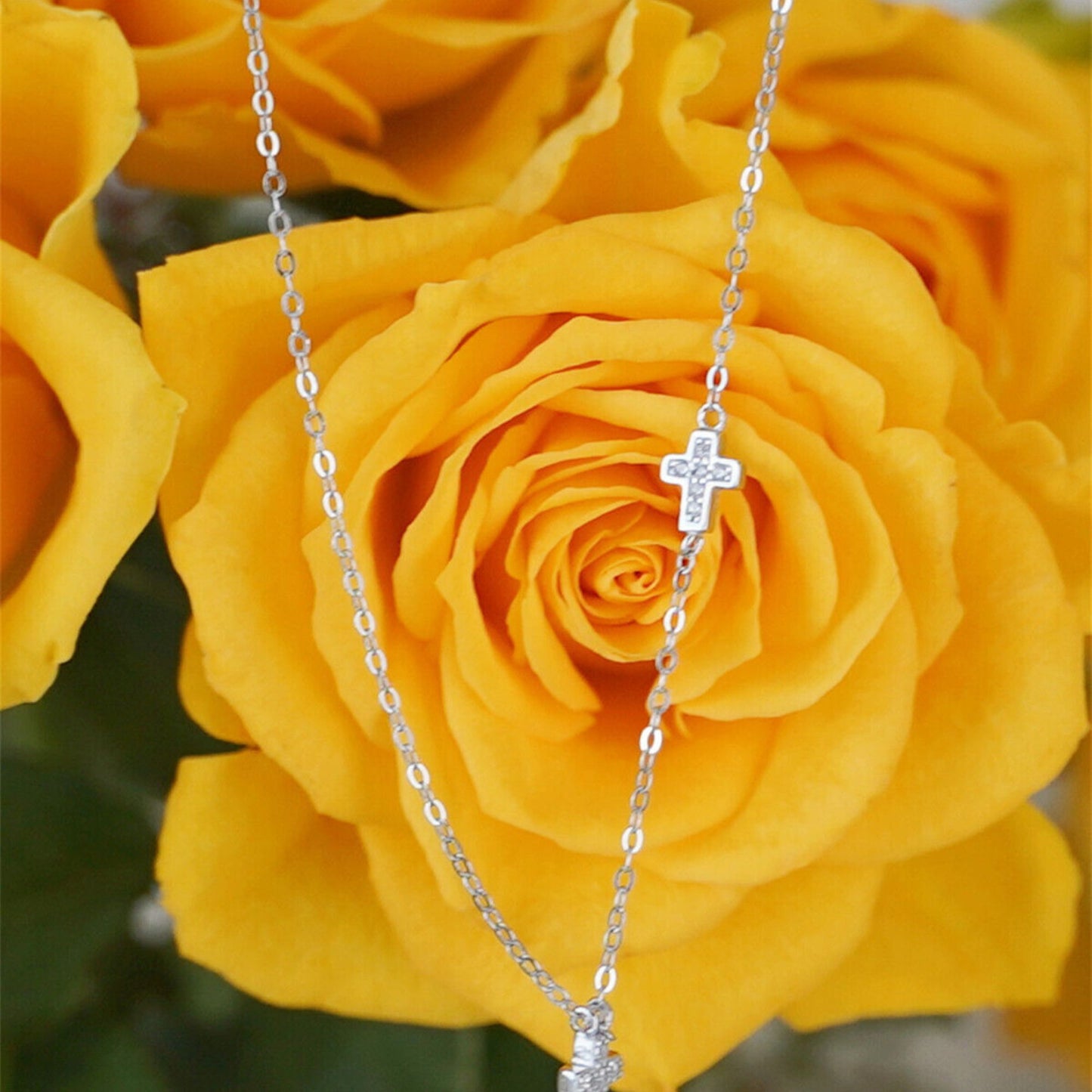 SKL Sterling Silver Double Cross Micro Pave Cz Sideways Horizontal Charm Necklace - sugarkittenlondon