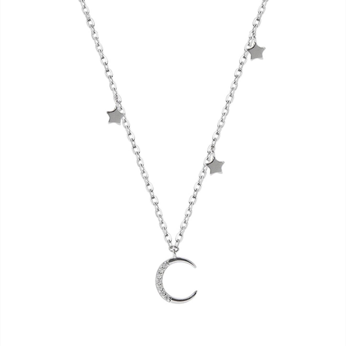 Sterling Silver Mini Moon Star CZ Crescent Charm Drop Choker Necklace - sugarkittenlondon