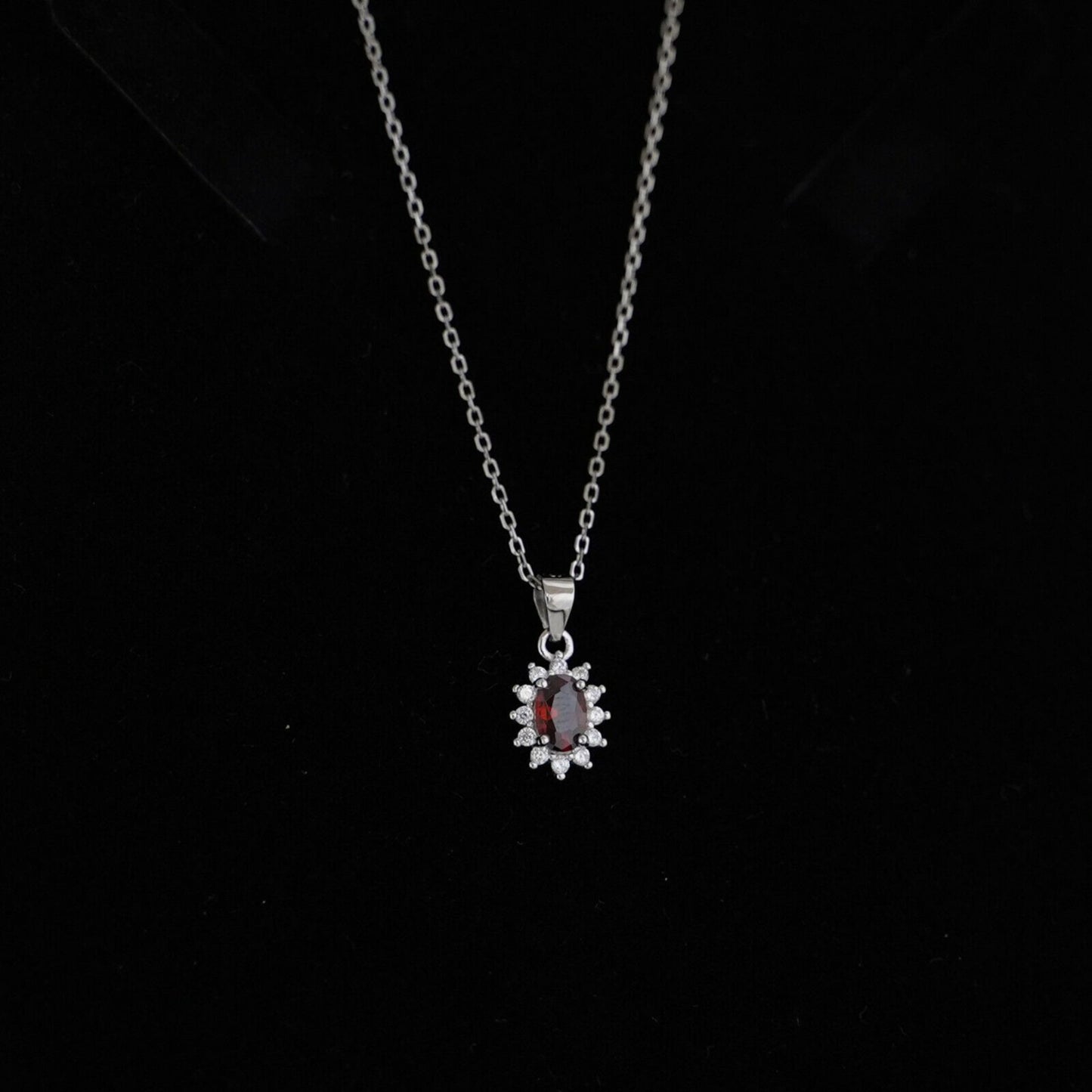 Sterling Silver Classic Red Ruby Garnet Colour Oval CZ Cluster Pendant Necklace - sugarkittenlondon