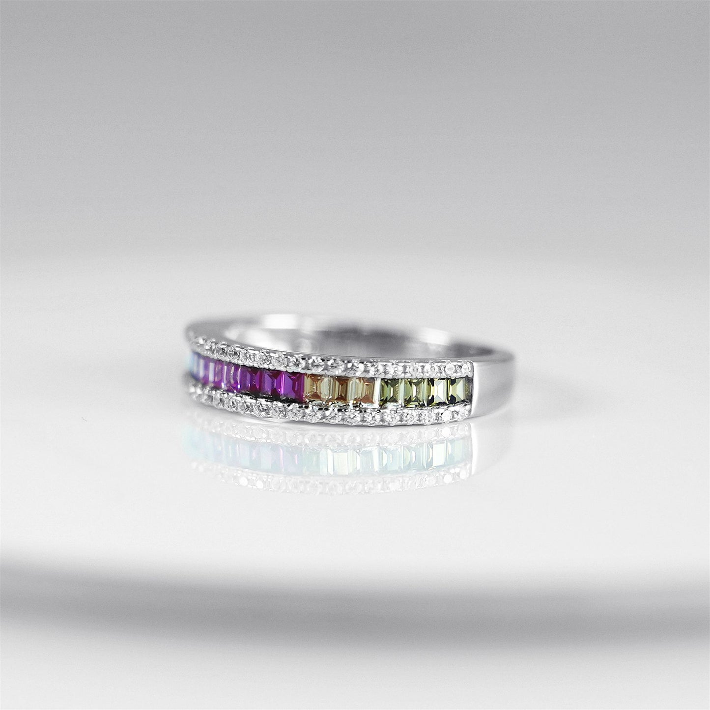 Sterling Silver Half Channel Set Baguette Rainbow Multi-Colour CZ Eternity Ring - sugarkittenlondon