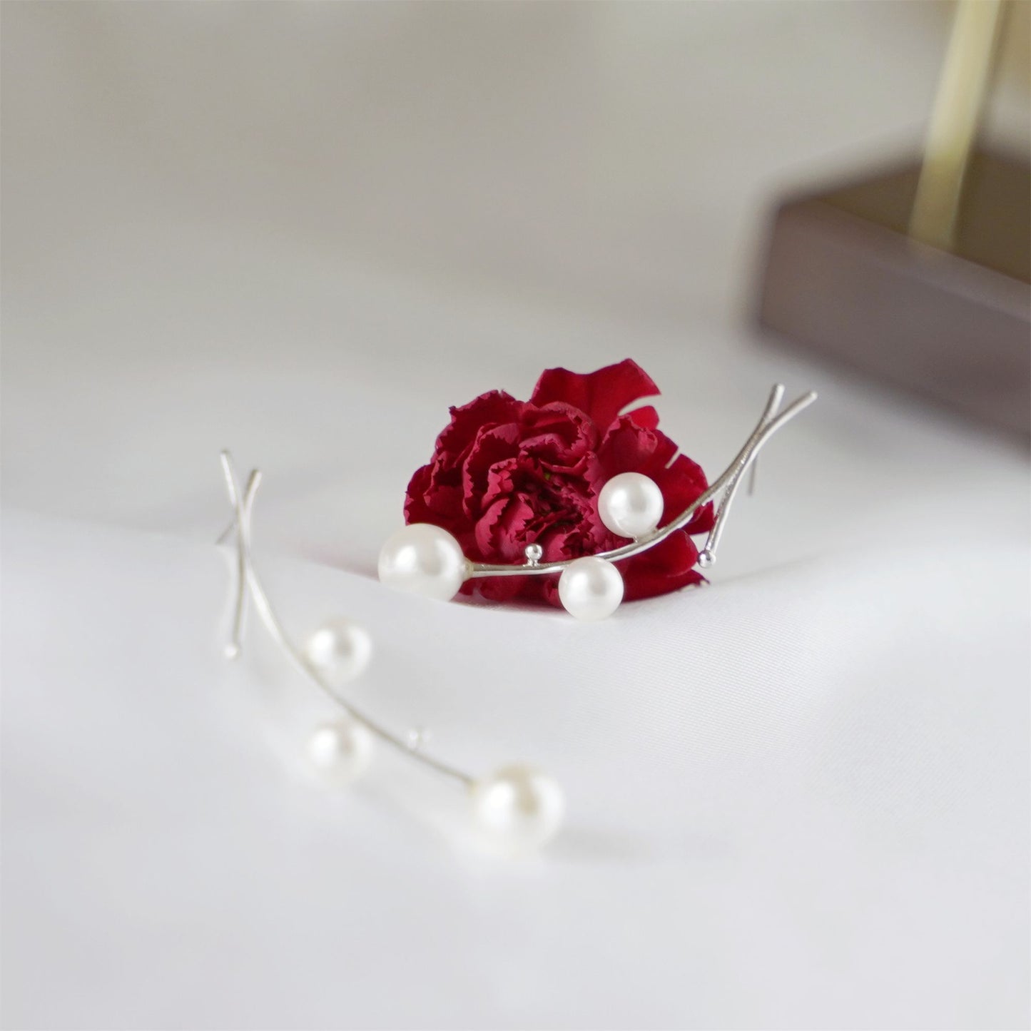 Sterling Silver Seashell Pearl Long Drop Mistletoe Branch Xmas Post Earrings - sugarkittenlondon