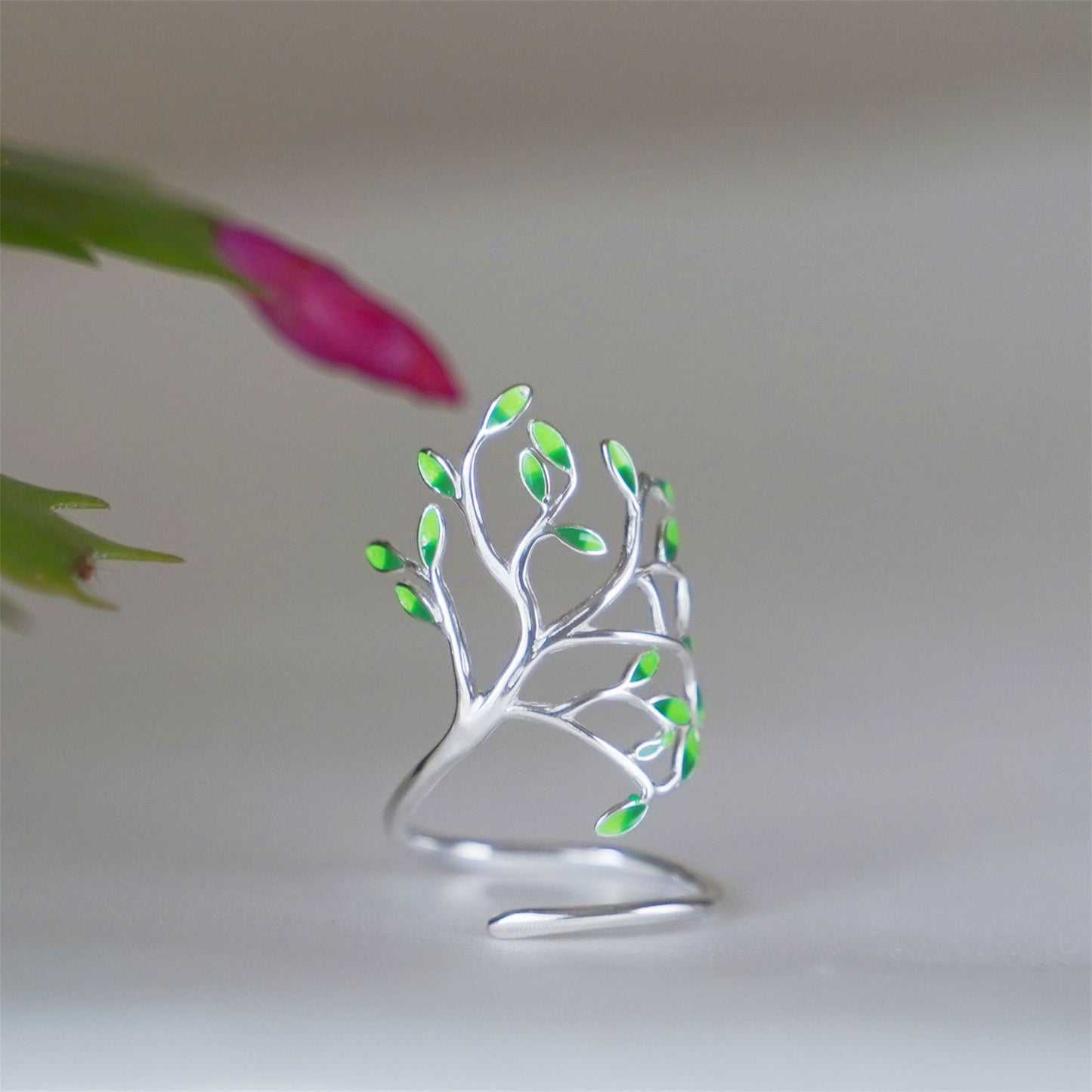Sterling Silver Tree of Life Green Glazed Leaf Branch Forest Wrap Ring - sugarkittenlondon