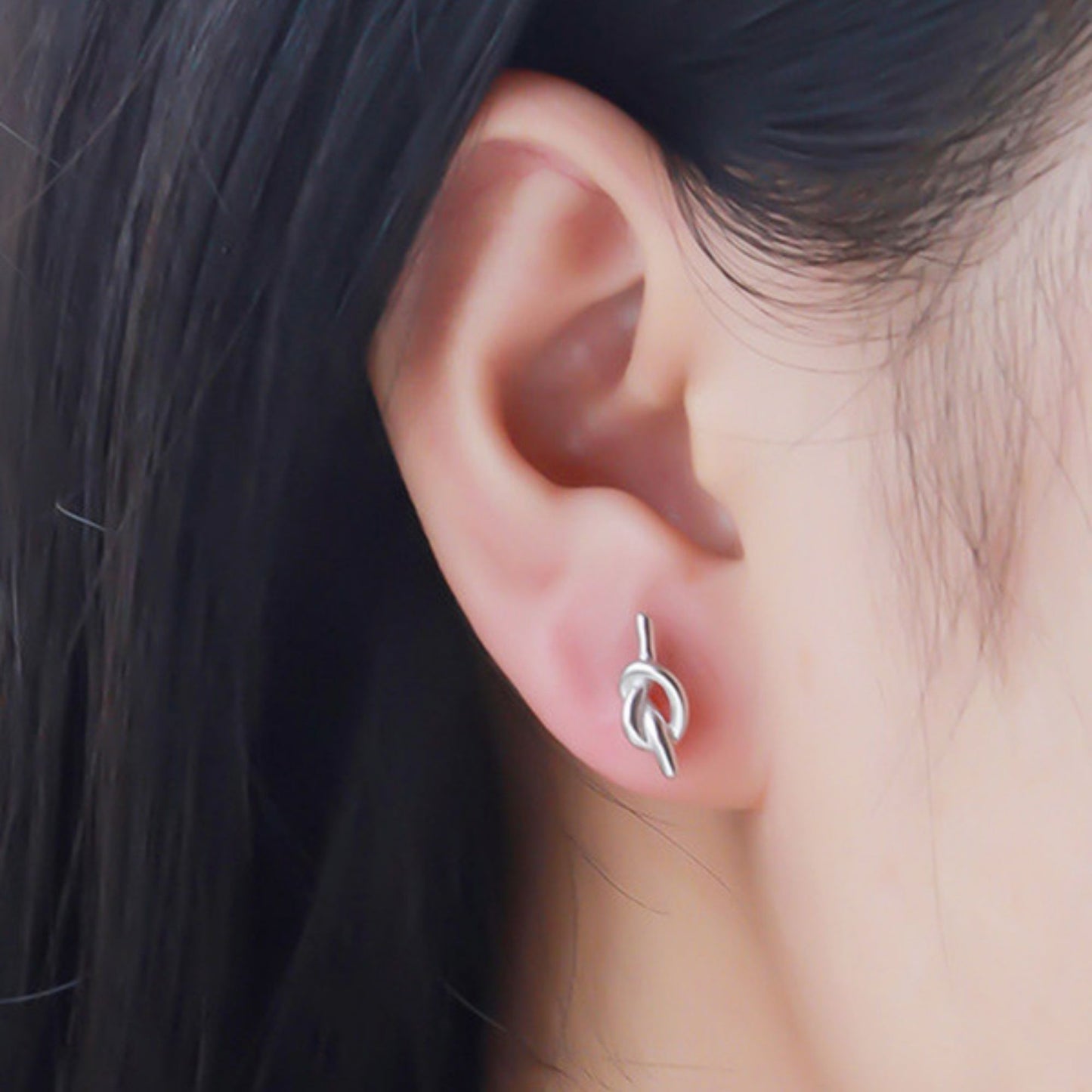 Rhodium on Sterling Silver Solid Love Heart Knot Pretzel Knot Stud Earrings - sugarkittenlondon