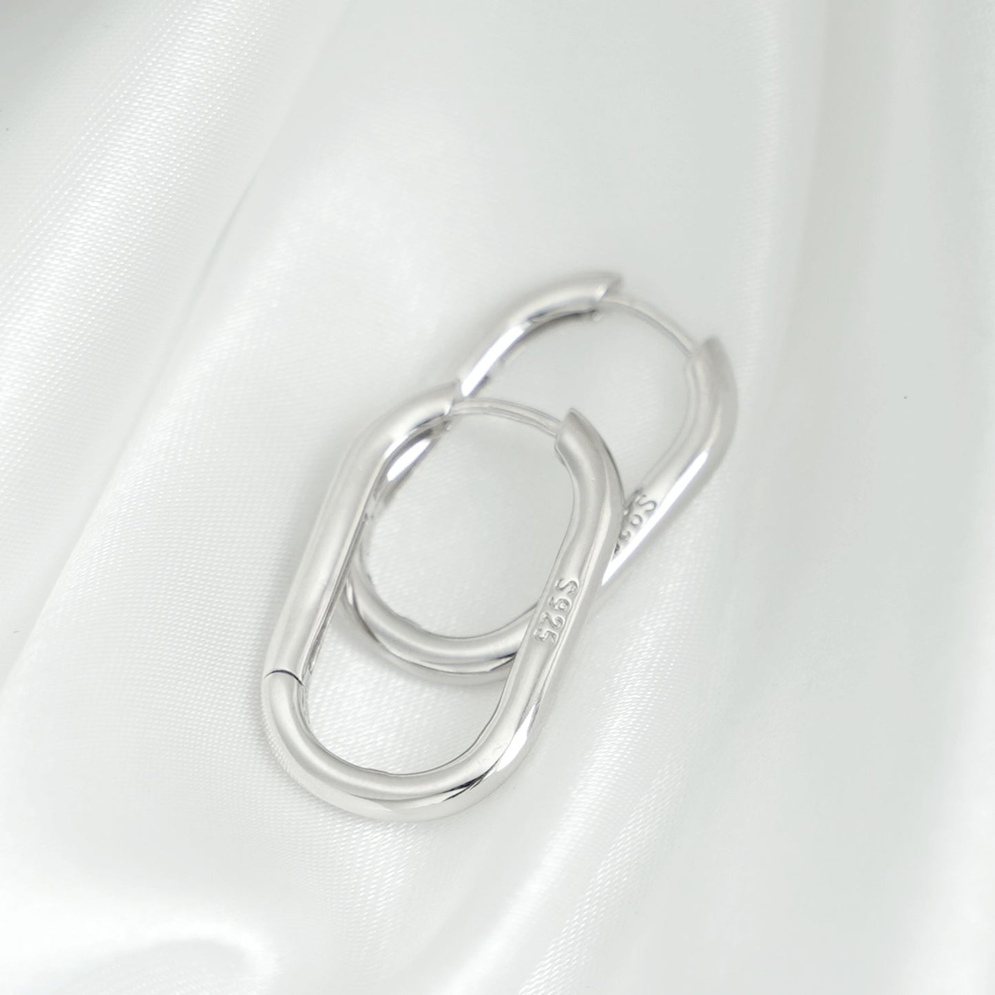 Rhodium-plated Sterling Silver Oval Hoop Earrings with Square Opening