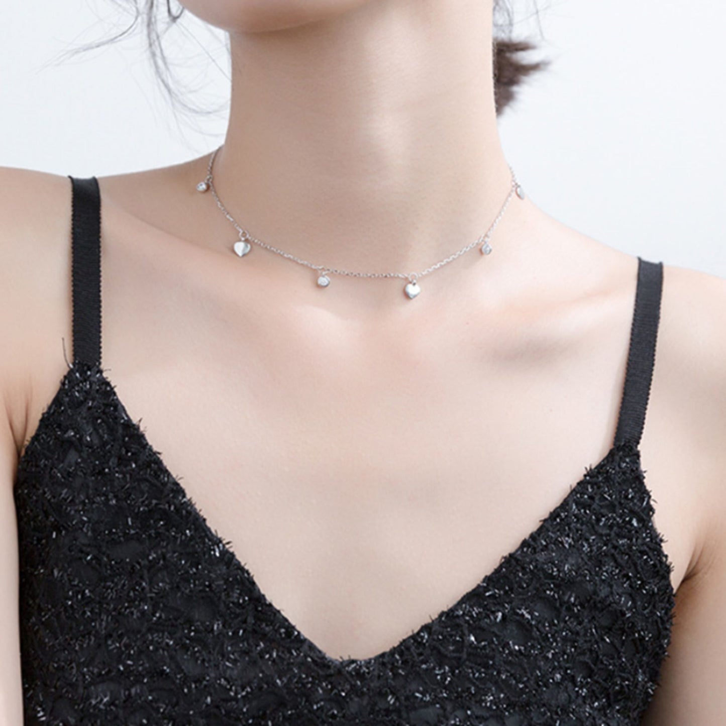 Rhodium on Sterling Silver Mini Love Heart Bezel CZ Charms Drip Choker Necklace - sugarkittenlondon