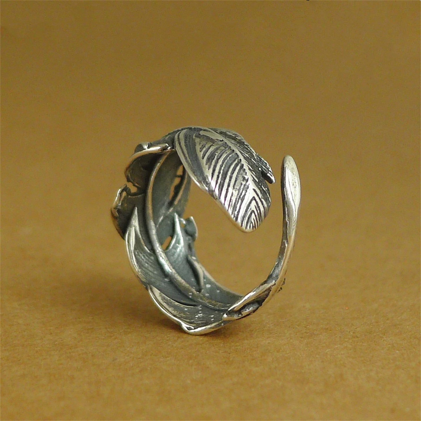 Sterling Sliver Oxidized Wrap Feather Open Band Angel Wing Leaf Silver Ring B - sugarkittenlondon