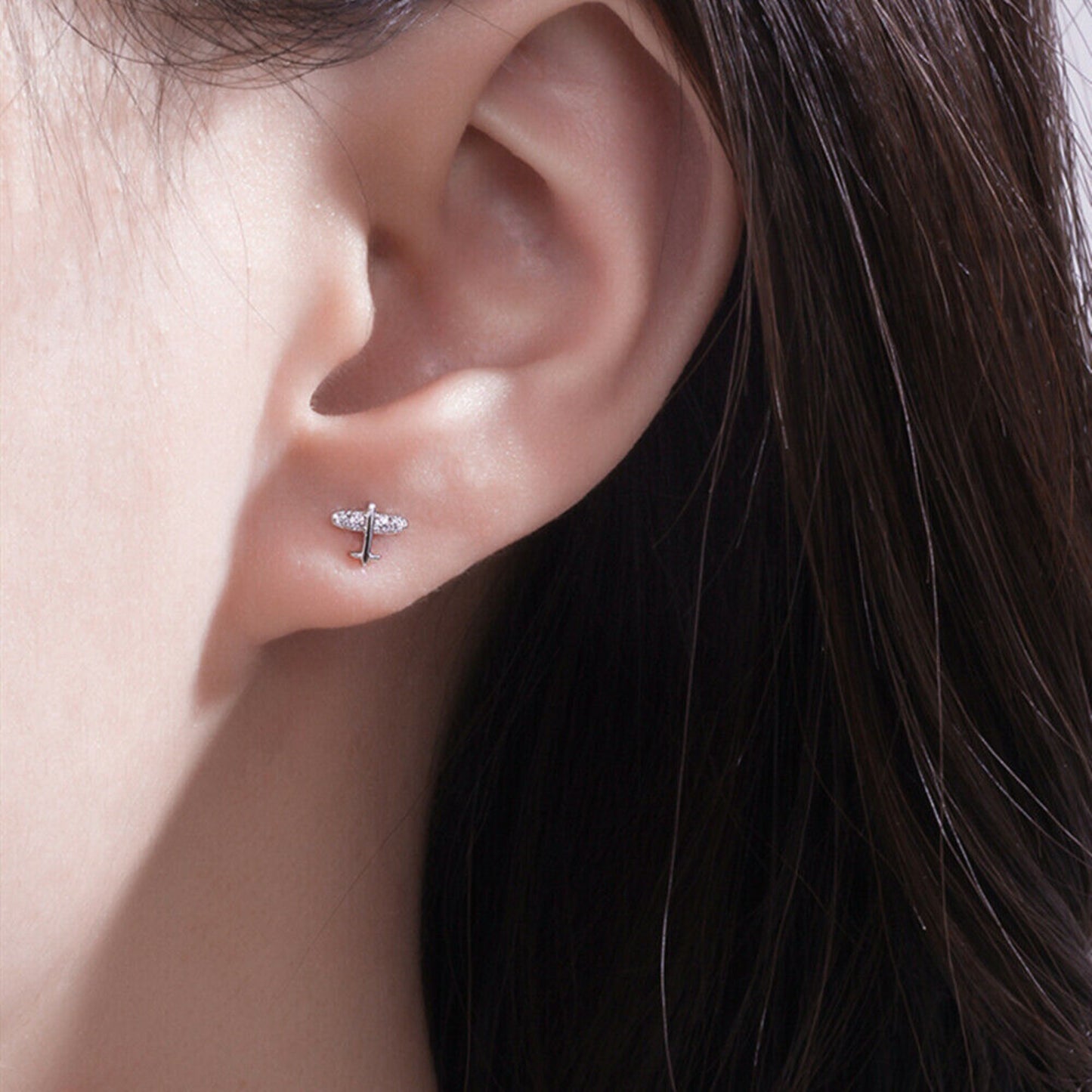 Mini CZ Airplane Stud Earrings in Sterling Silver with Rhodium Plating