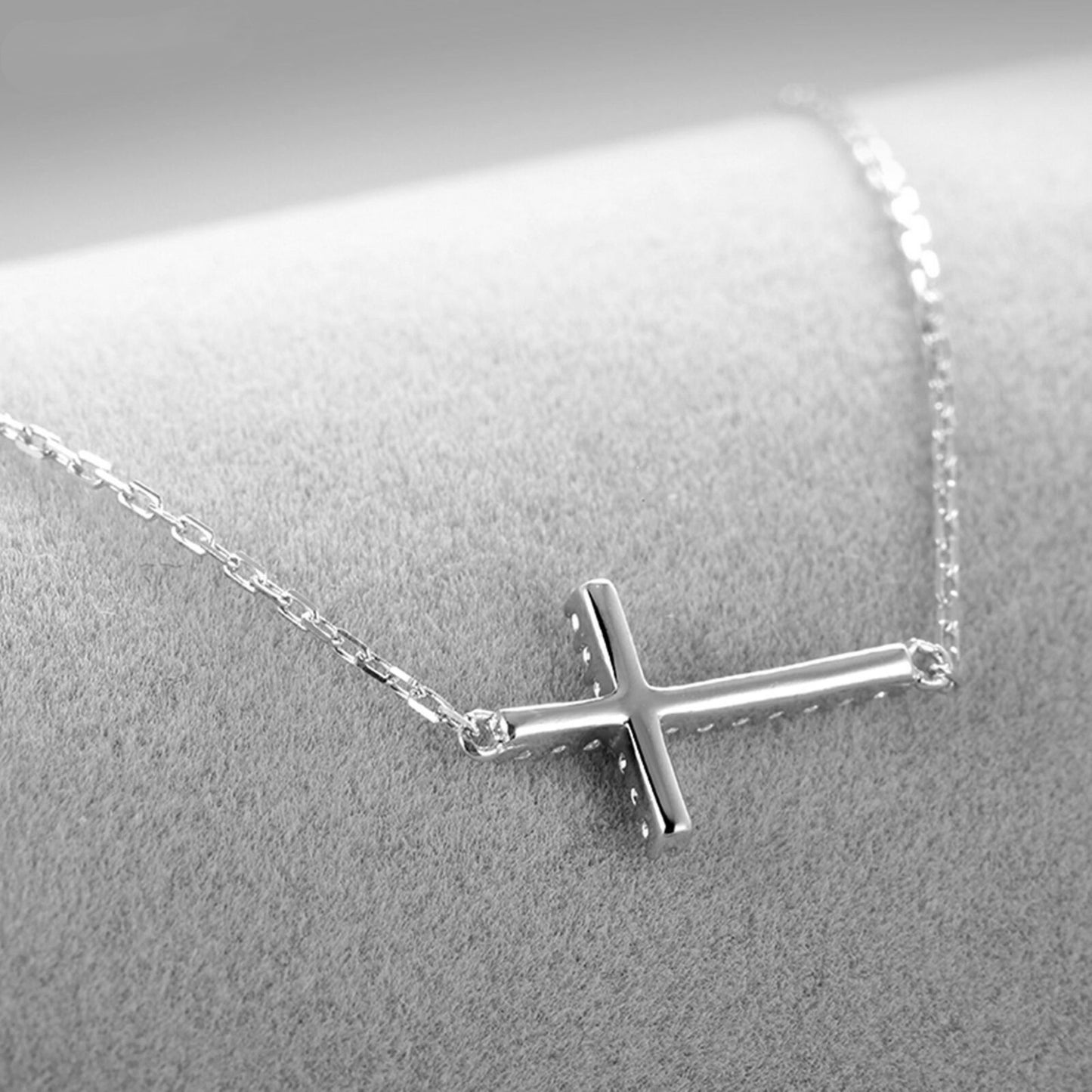 Sterling Silver Sideways Cross Micro Pave CZ Horizontal Pendant Necklace - sugarkittenlondon