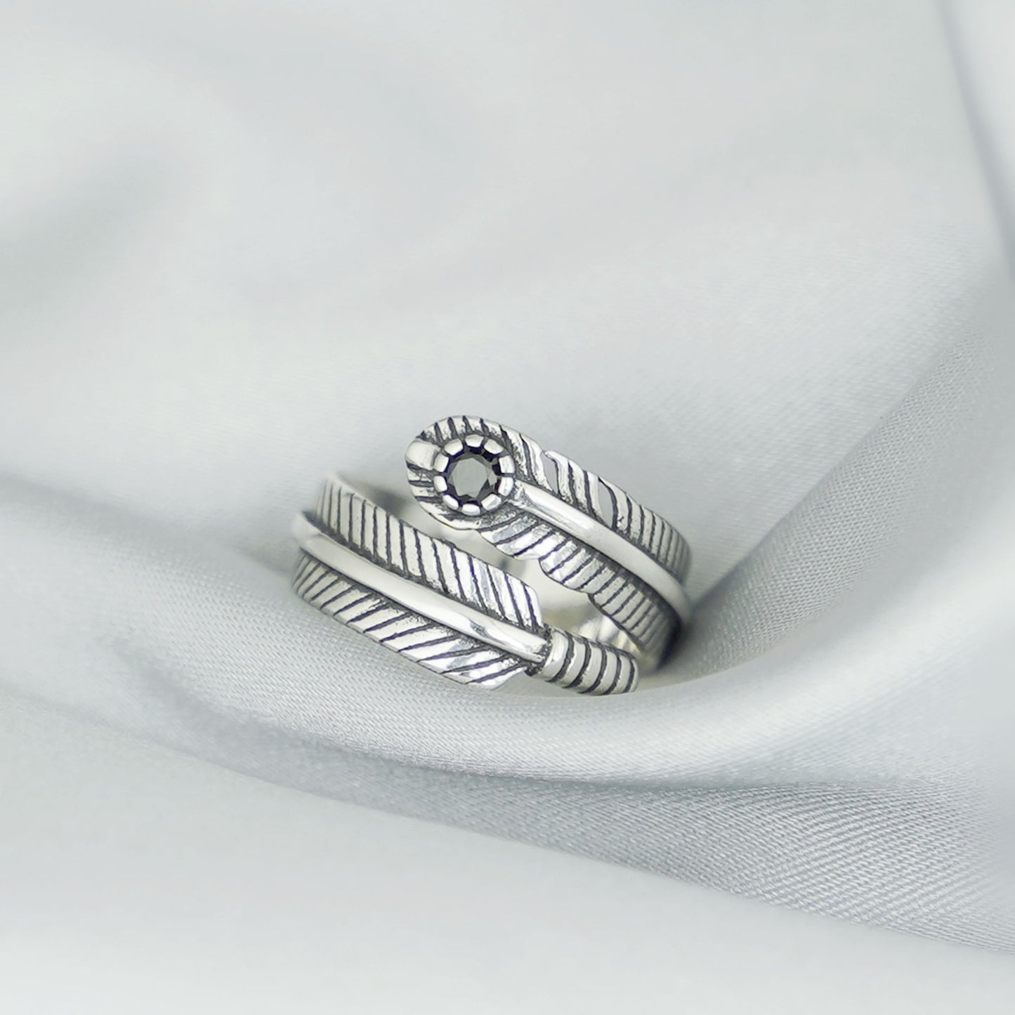 Sterling Silver Oxidized Black CZ Leaf Feather Angel Wing Wrap Ring Unisex - sugarkittenlondon