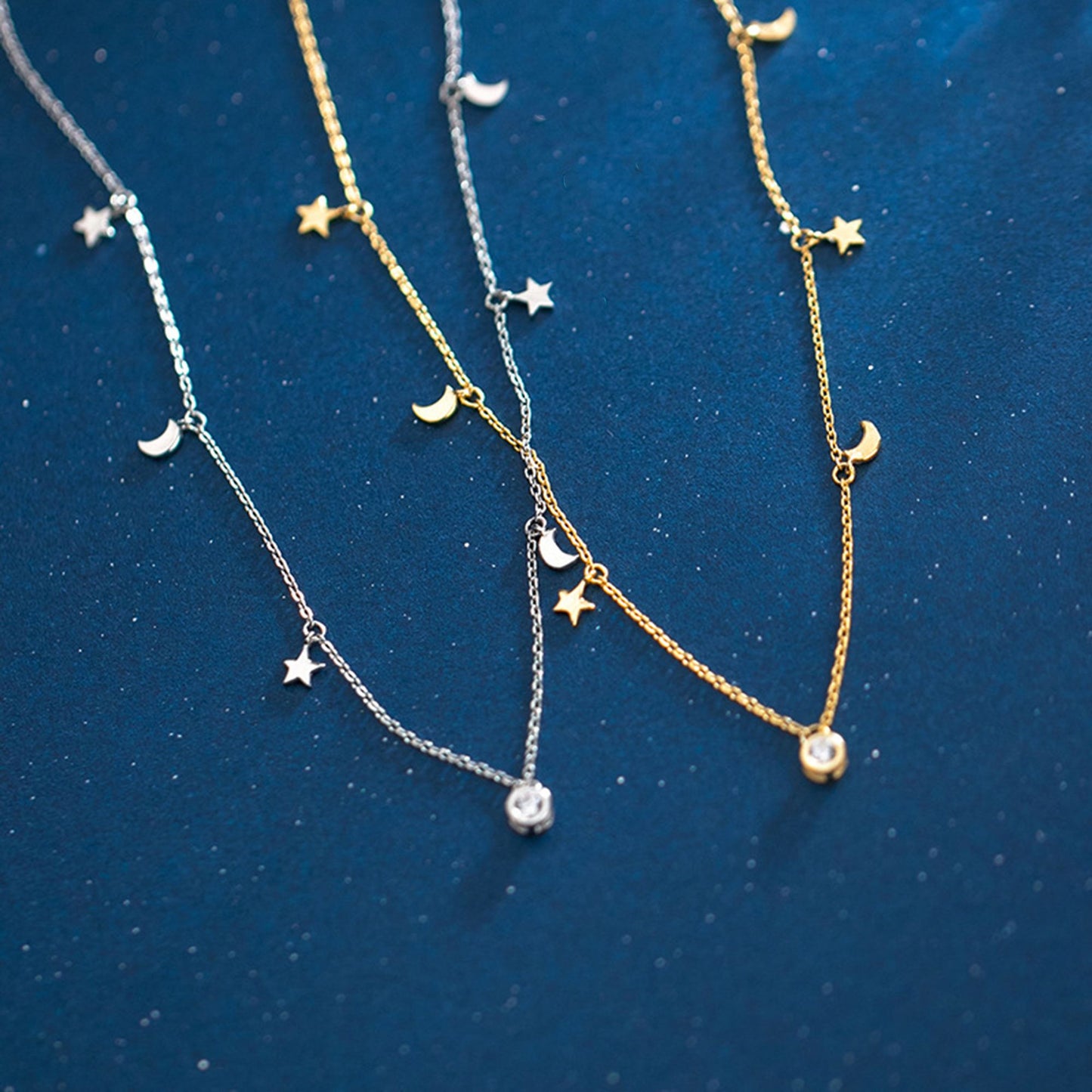 Sterling Silver Mini Star Crescent Moon Bezel Solitaire Charm Drip Necklace 2 Tones - sugarkittenlondon