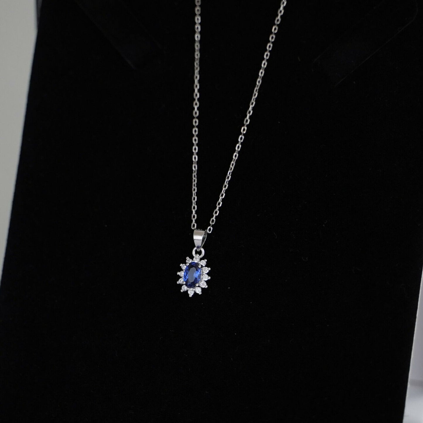 Sterling Silver Classic Blue Sapphire Colour Oval CZ Cluster Pendant Necklace - sugarkittenlondon