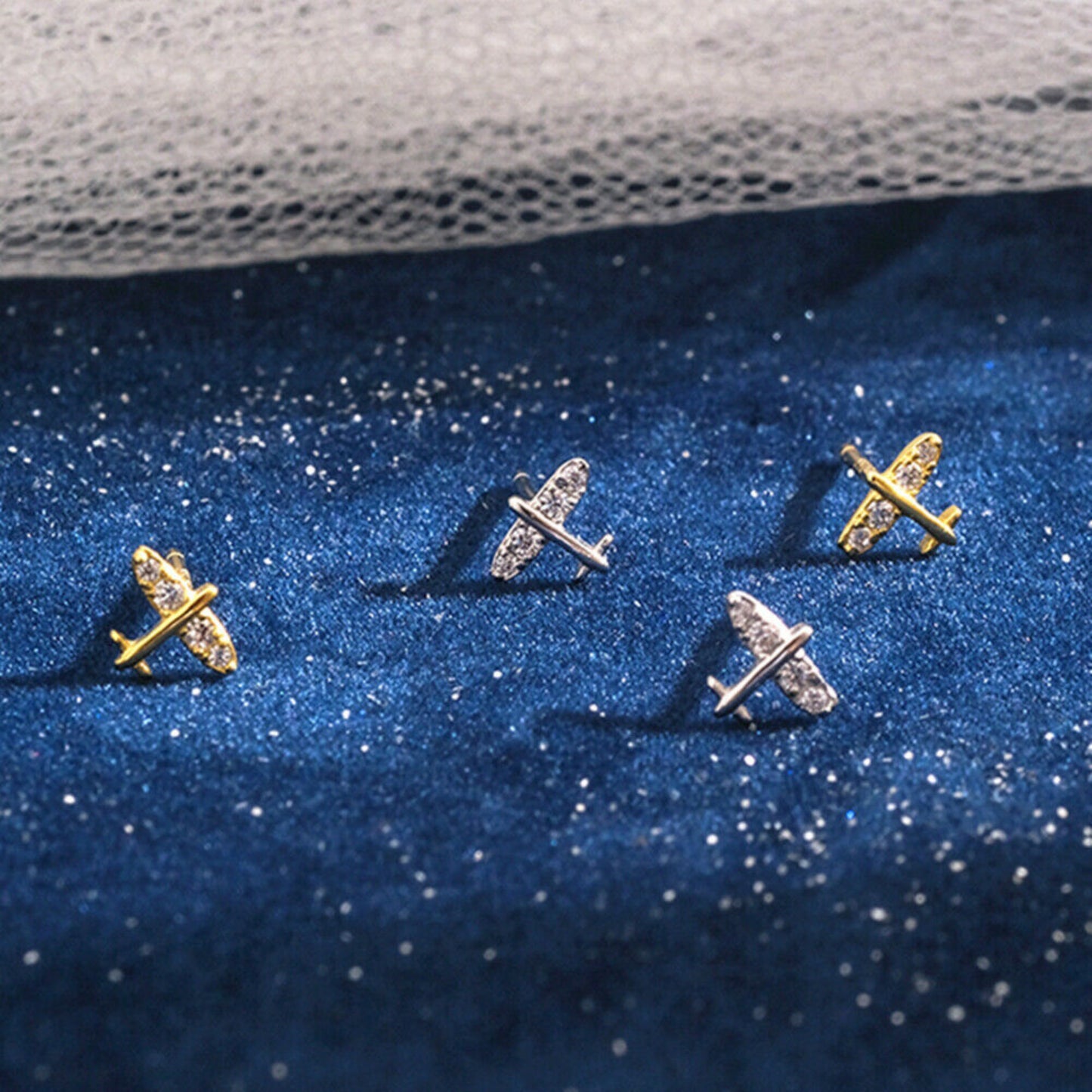 18K Gold on Sterling Silver Airplane CZ Stud Earrings