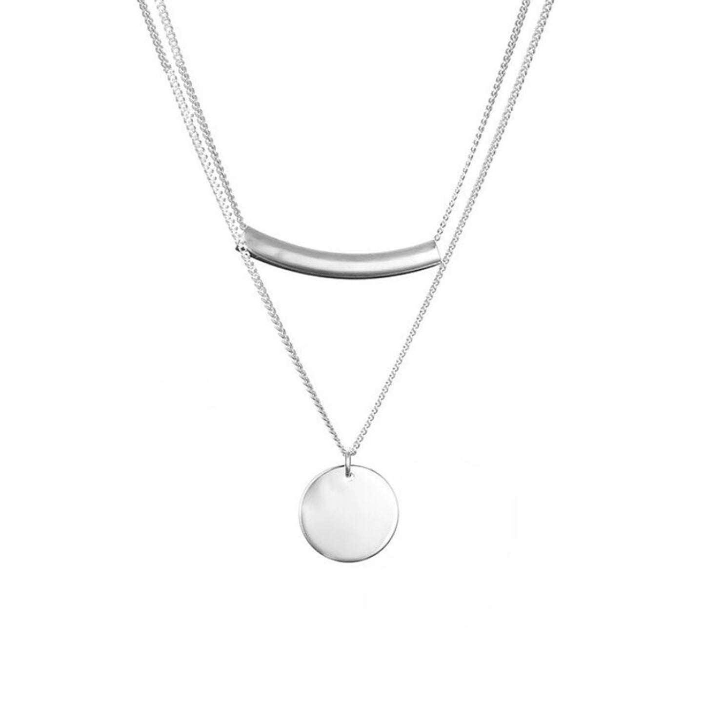 Sterling Silver Double Layer Disc Dot Pebble Charm Tube Curb Chain Necklace - sugarkittenlondon
