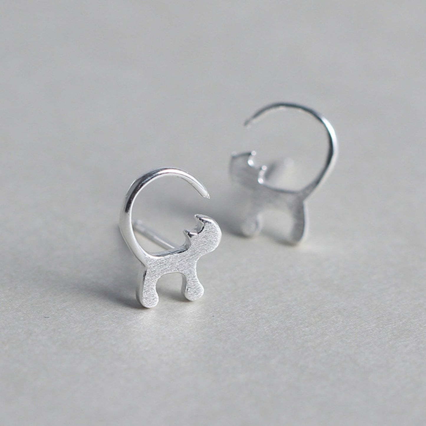 Sterling Silver Brushed Playful Cat Kitten Kitty Raised Tail Stud Earrings - sugarkittenlondon