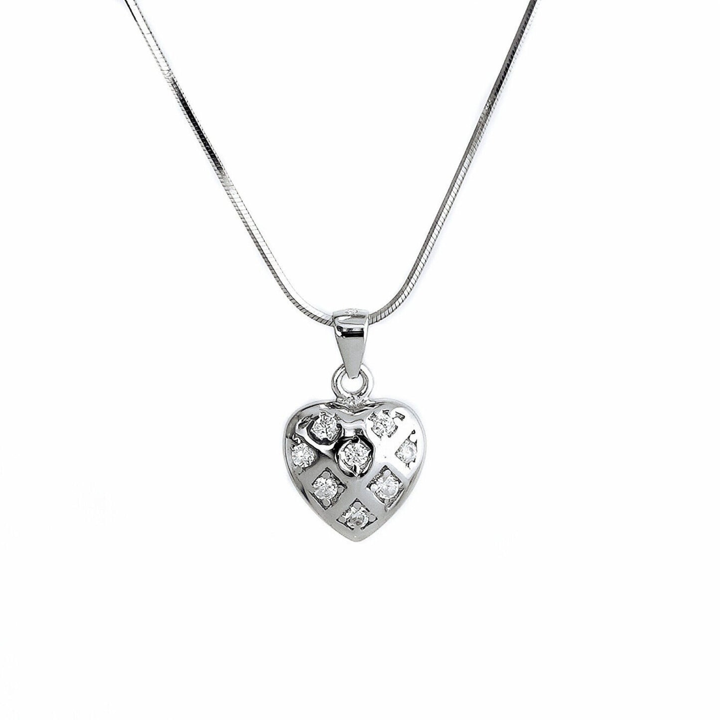 Sterling Silver Puffy Love Heart Crystal CZ Pendant Necklace Jewellery Boxed - sugarkittenlondon