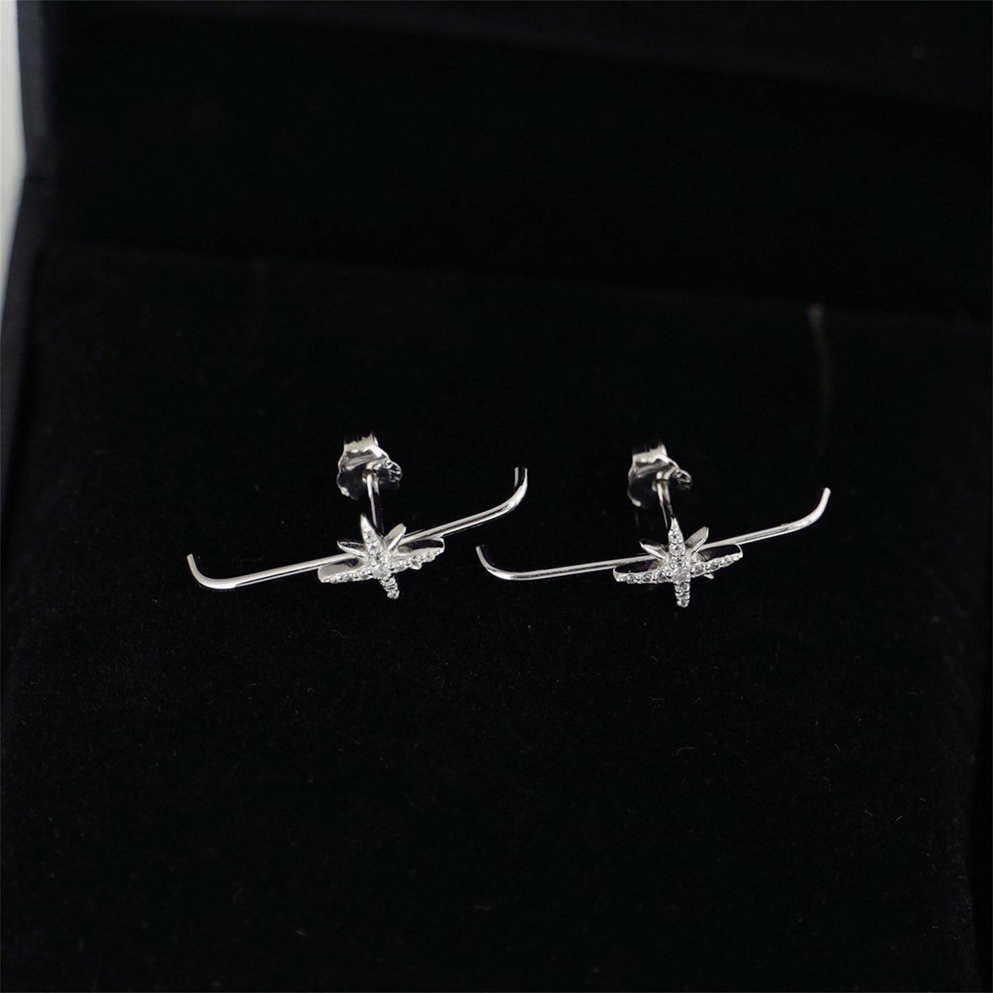 Sterling Silver 9mm North Pole Star Pave CZ Suspender Bar Cuff Stud Earrings