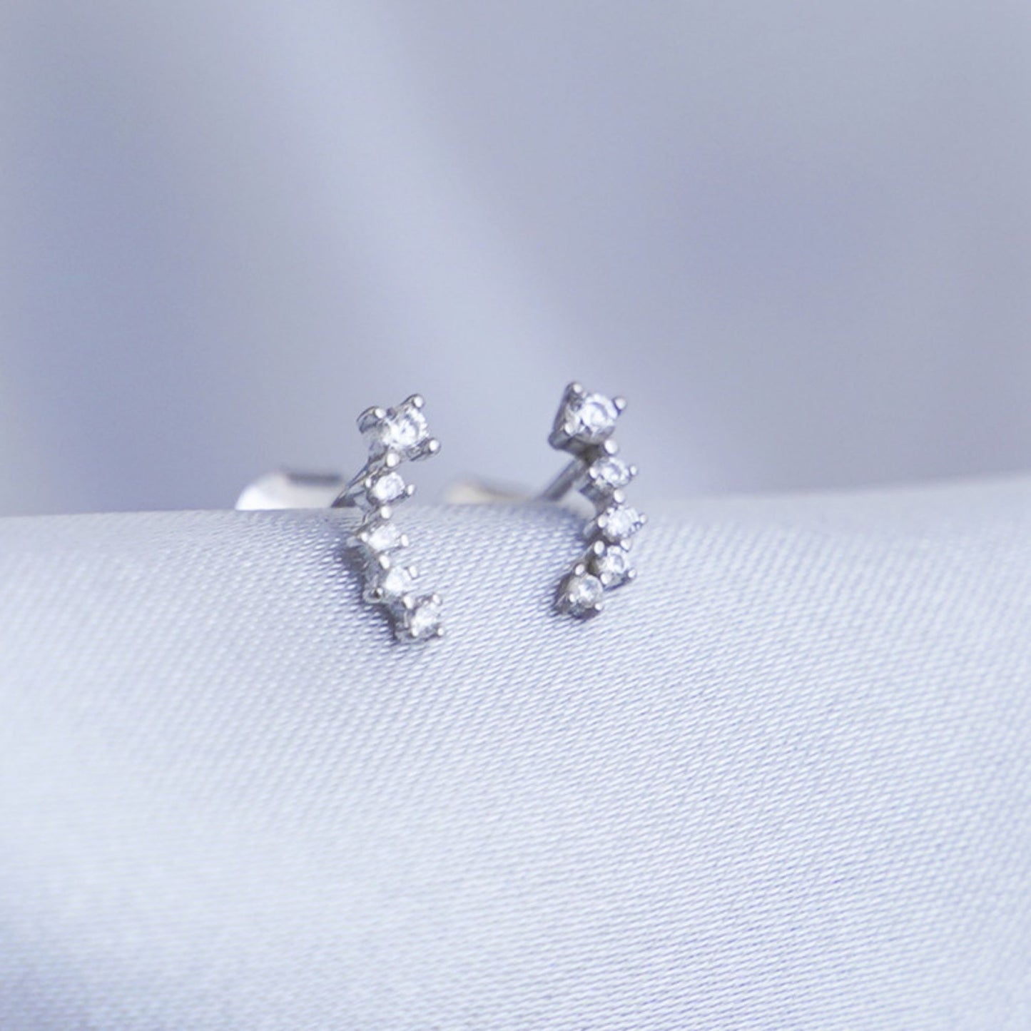 Rhodium on Sterling Silver Mini CZ Star Line Drop Climber Stud Earrings - sugarkittenlondon