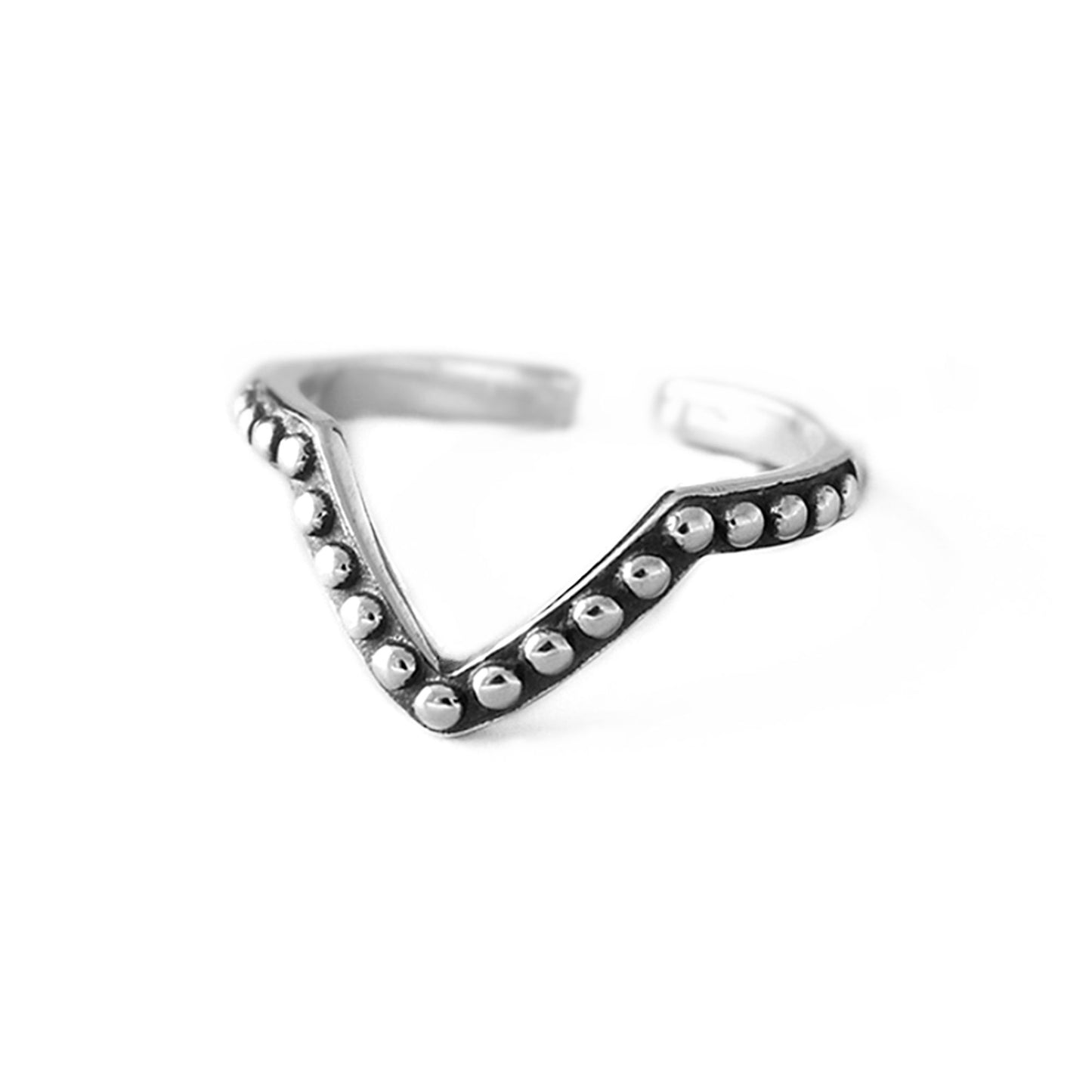 Sterling Silver Oxidized Wishbone Chevron V Shape Beaded Stacking Ring Boxed - sugarkittenlondon