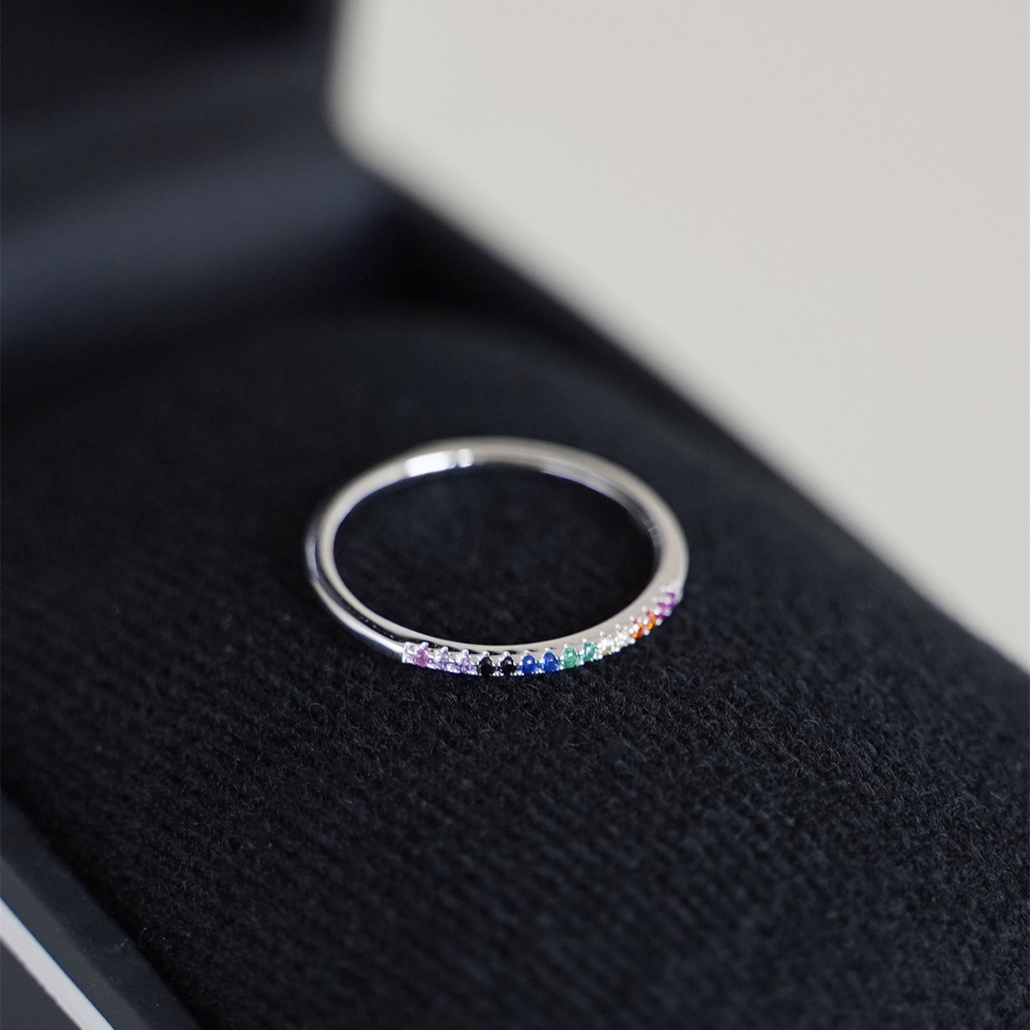 Sterling Silver Half Eternity Rainbow 1mm CZ Crystal Stacking Ring - sugarkittenlondon