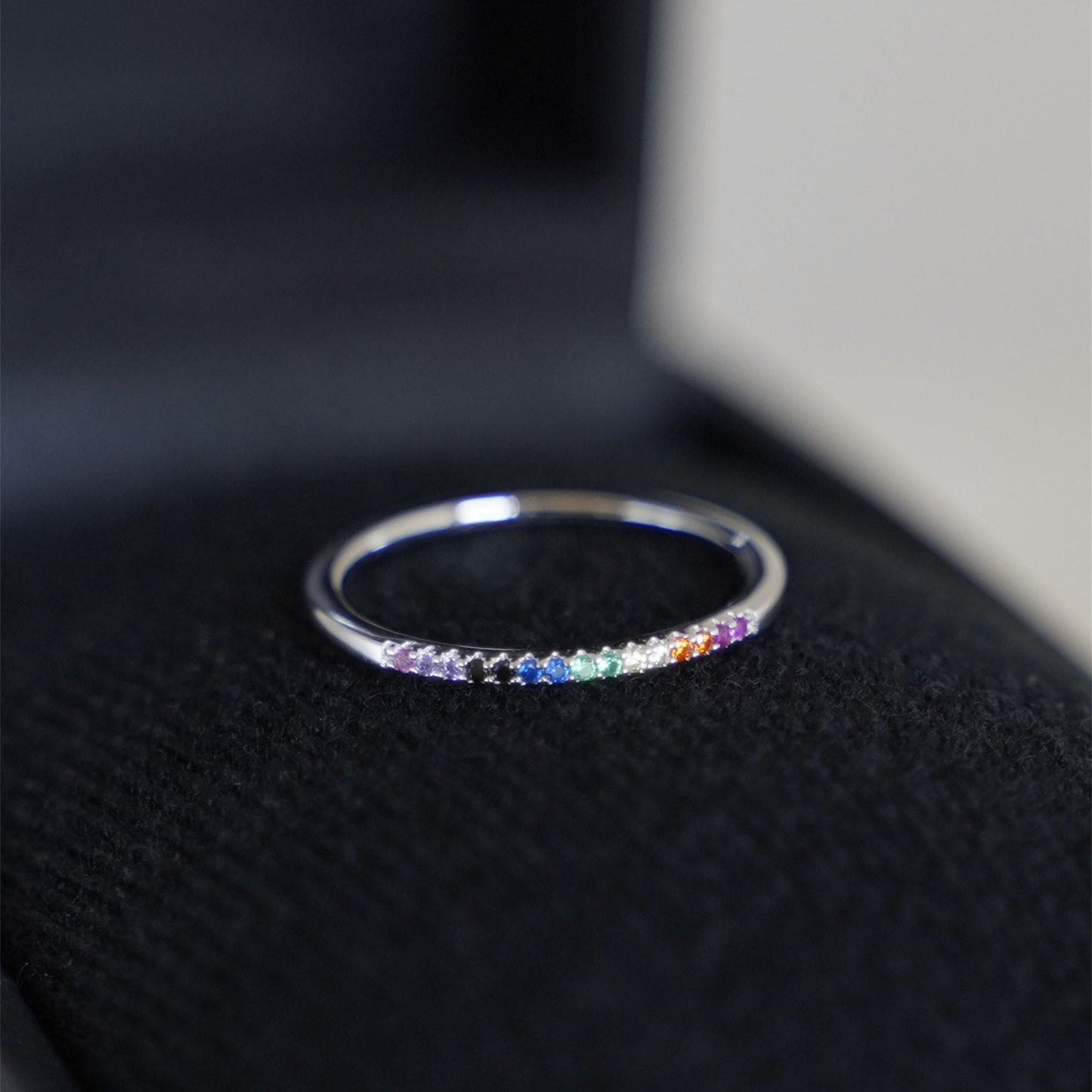 Sterling Silver Half Eternity Rainbow 1mm CZ Crystal Stacking Ring - sugarkittenlondon