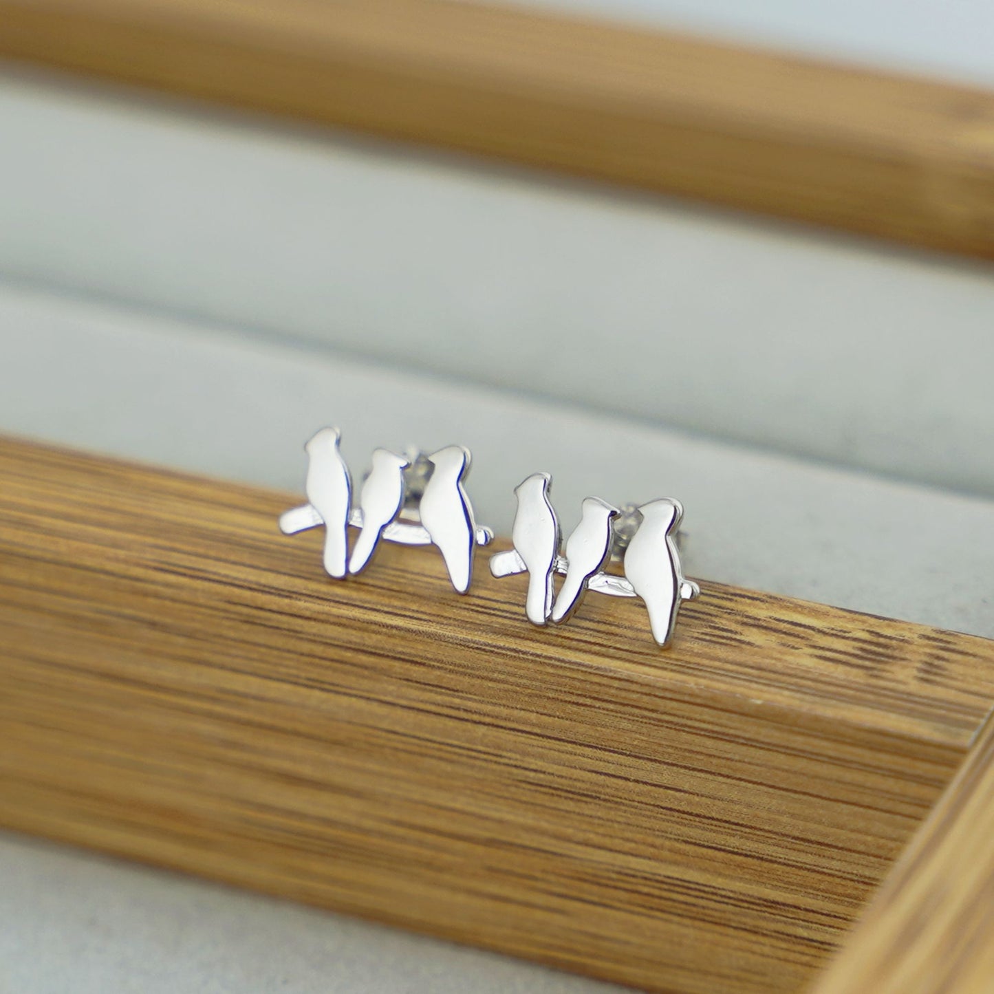 Sterling Silver Tiny Three Birds Line Post Stud Earrings - sugarkittenlondon