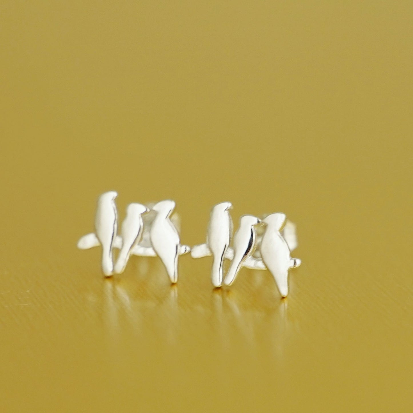 Sterling Silver Tiny Three Birds Line Post Stud Earrings - sugarkittenlondon