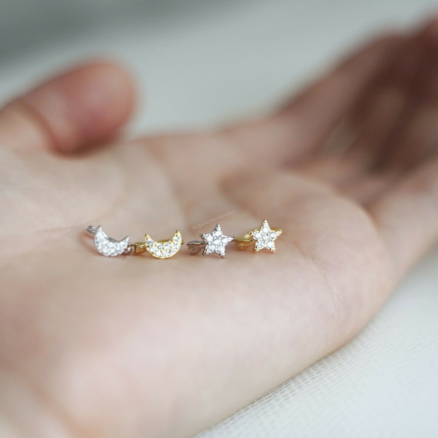 Sterling Silver Mini 6mm Hoop Shiny CZ Star Moon Huggie Hinged Earrings - sugarkittenlondon