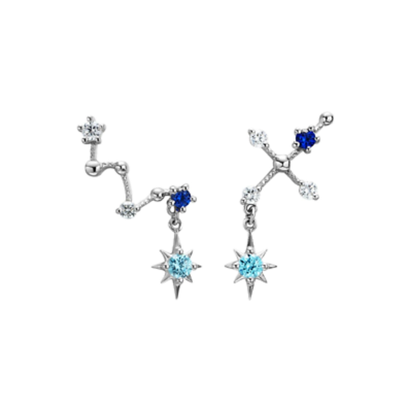 Sterling Silver CZ Big Dipper Blue Polaris Star Cross Climber Drop Earrings - sugarkittenlondon
